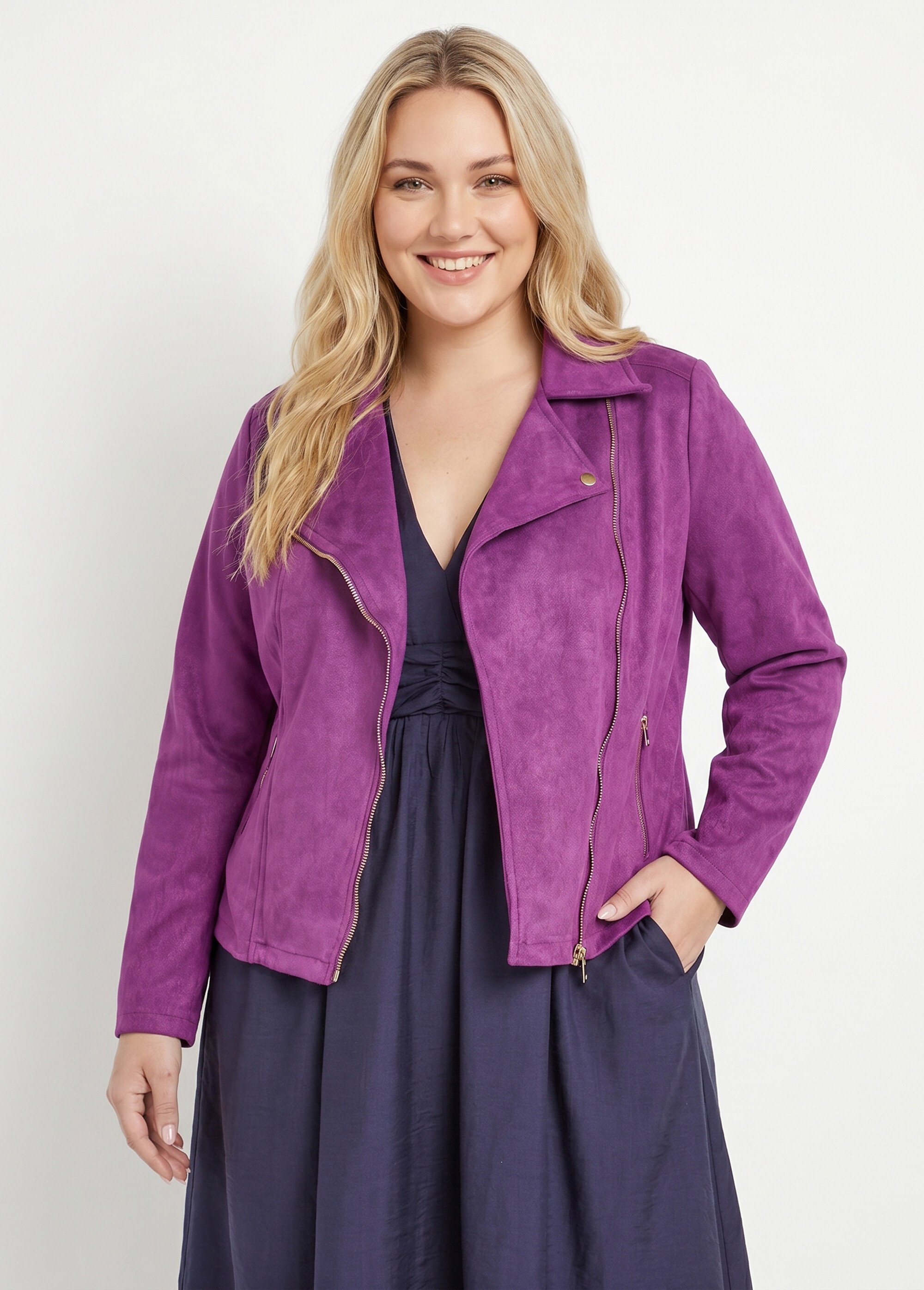 Veste de motard zippée en suédine Femme Grande Taille Violet CHY-H007 FA1