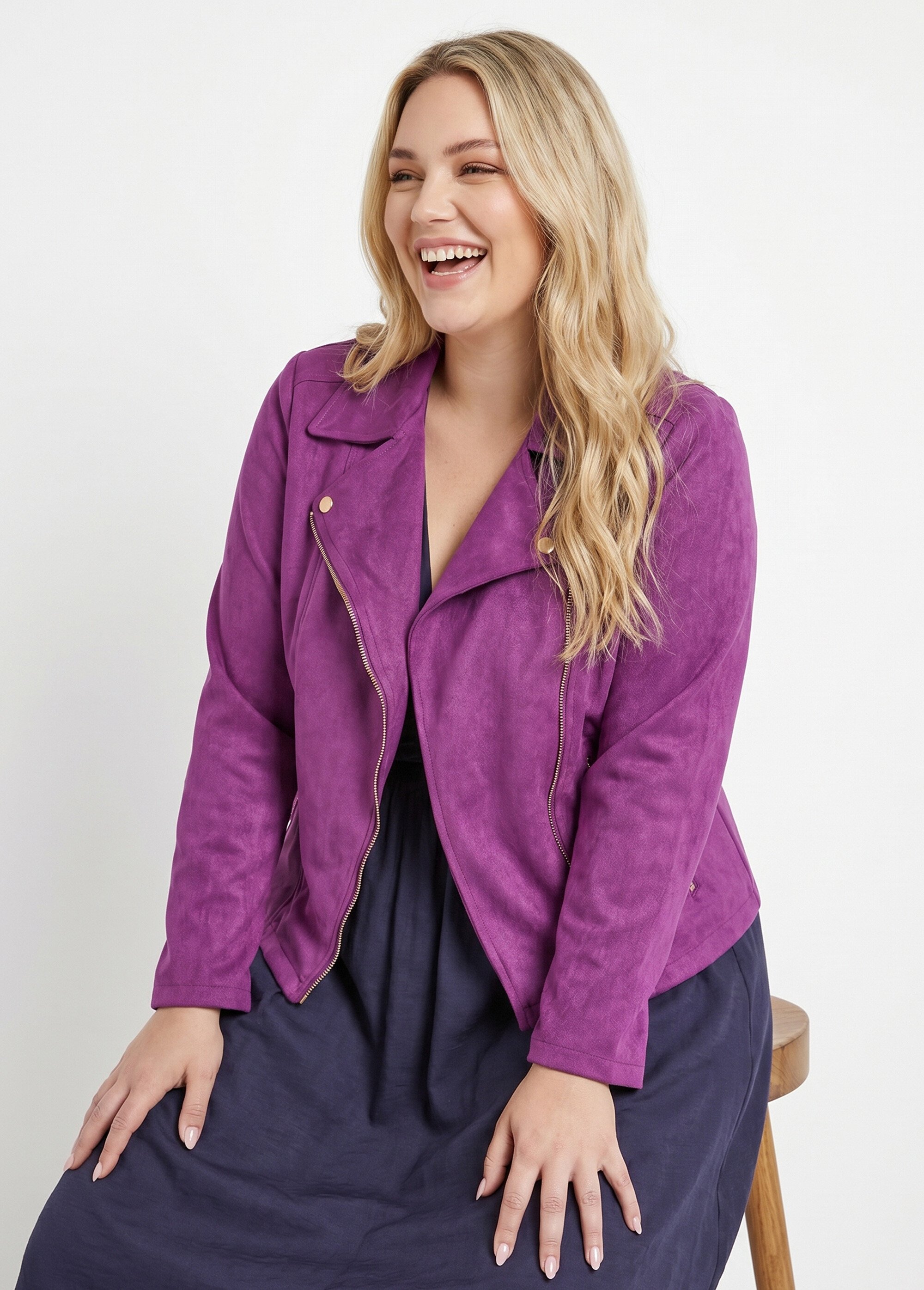 Veste de motard zippée en suédine Femme Grande Taille Violet CHY-H007 MV1