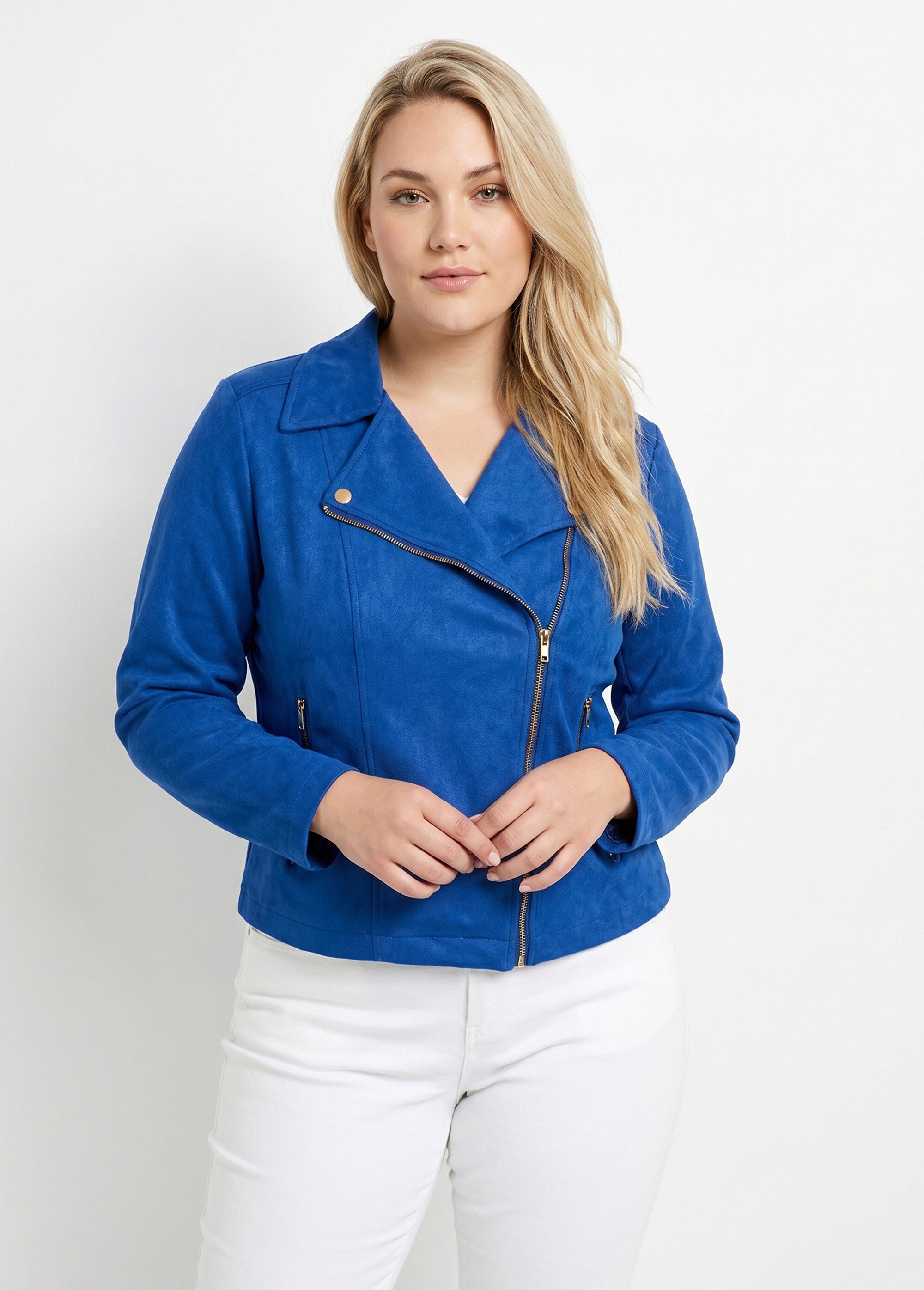Veste de motard zippée en suédine Femme Grande Taille Bleu CHY-H007 FA1