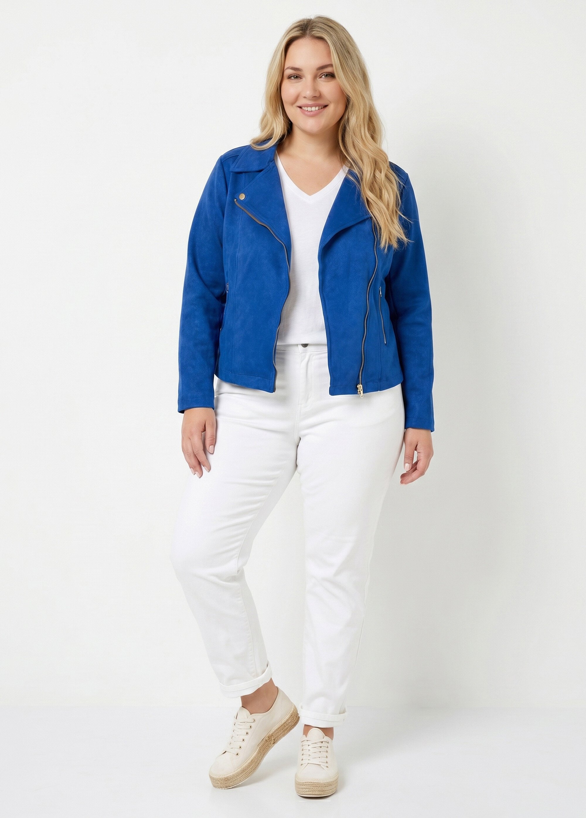 Veste de motard zippée en suédine Femme Grande Taille Bleu CHY-H007 SI1
