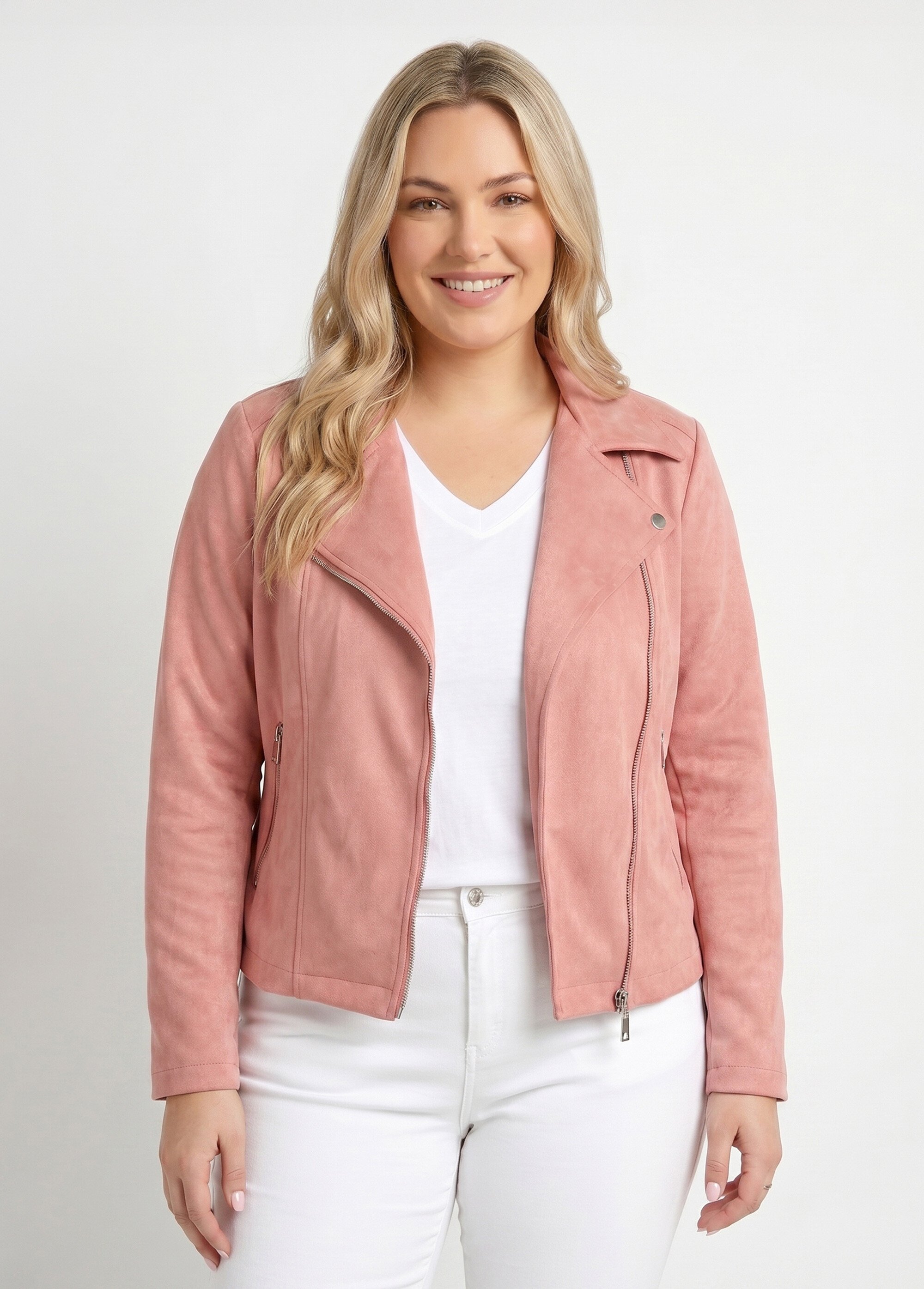 Veste de motard zippée en suédine Femme Grande Taille Rose CHY-H007 FA1