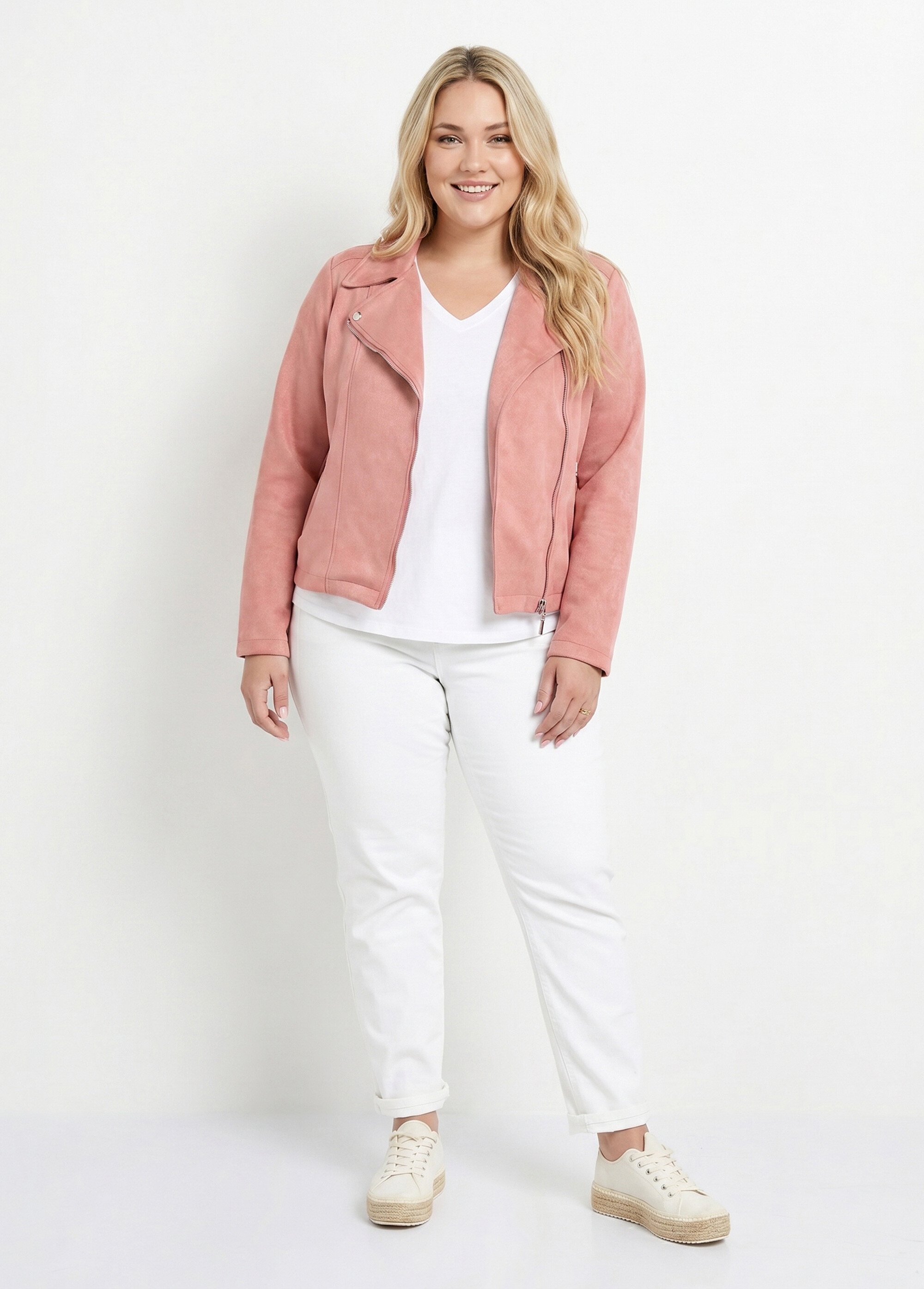 Veste de motard zippée en suédine Femme Grande Taille Rose CHY-H007 SI1