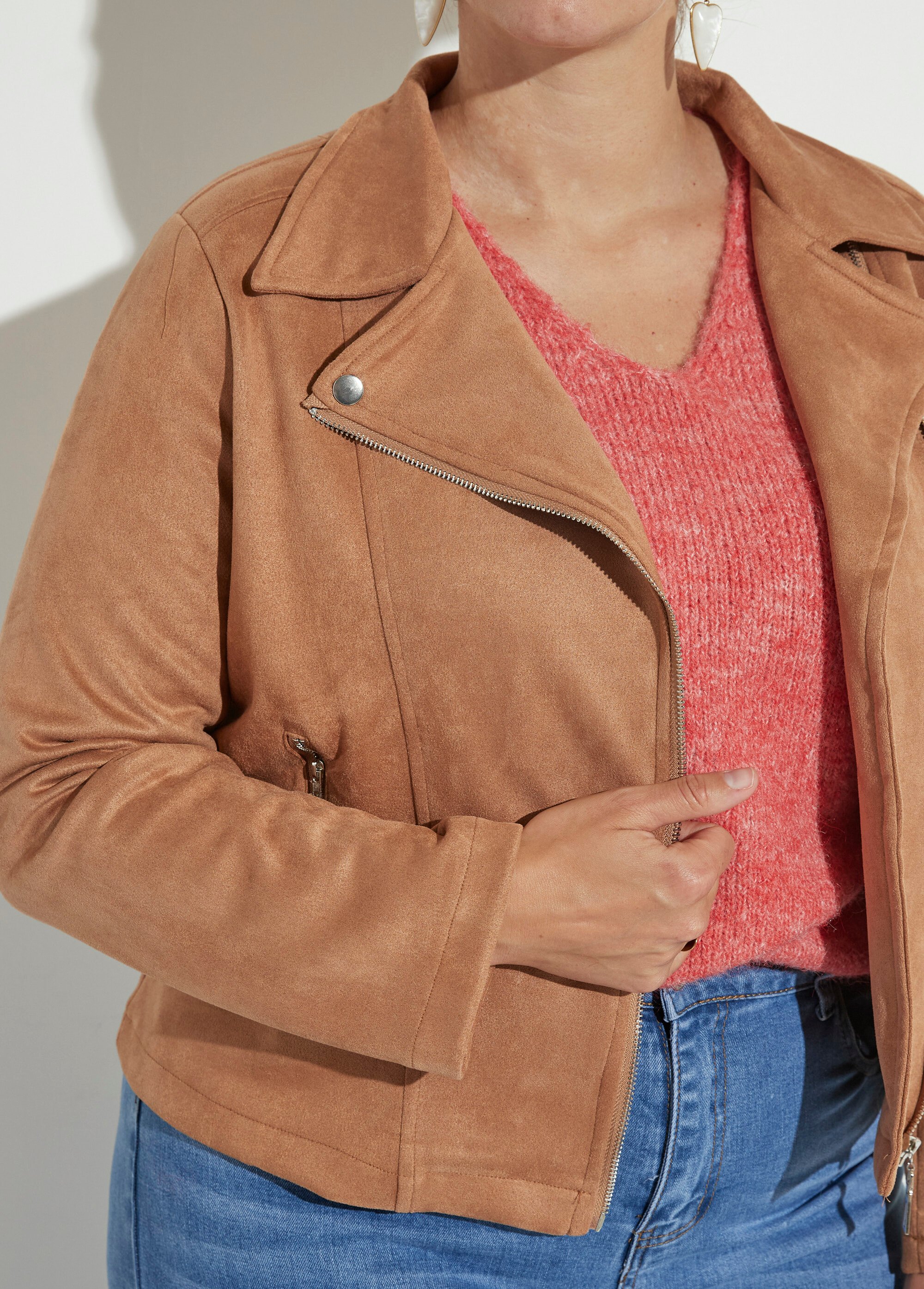 Veste de motard zippée en suédine Femme Grande Taille Beige CHY-H007 DE1