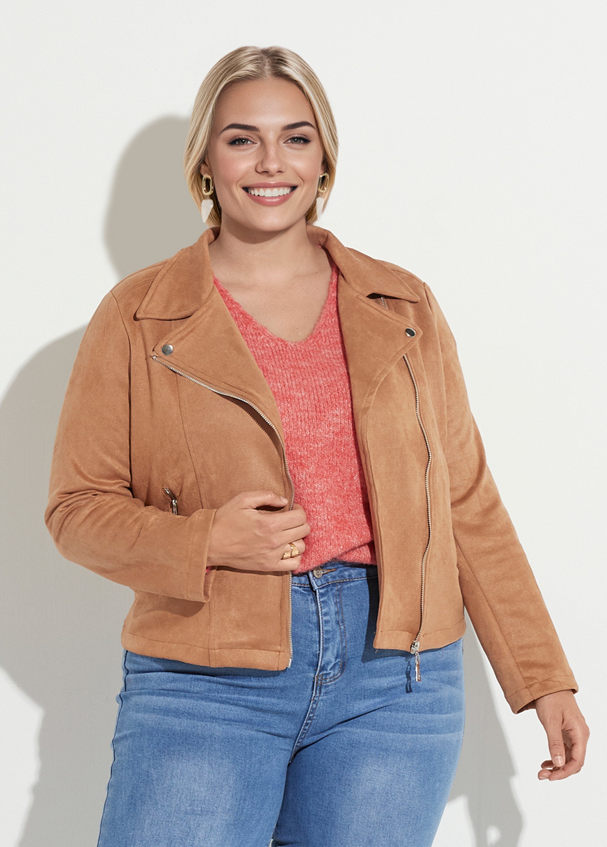 Veste de motard zippée en suédine Femme Grande Taille Beige CHY-H007 FA1