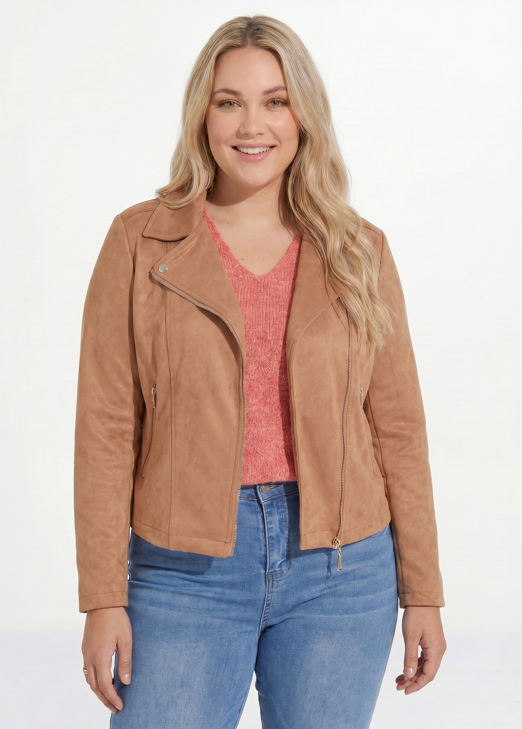 Veste de motard zippée en suédine Femme Grande Taille Marron CHY-H007 FA1