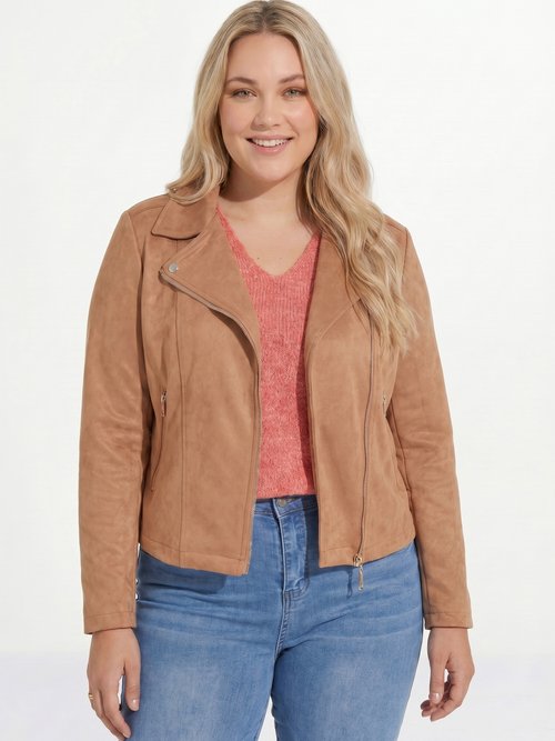 Veste de motard zippée en suédine Femme Grande Taille Marron CHY-H007 FA1