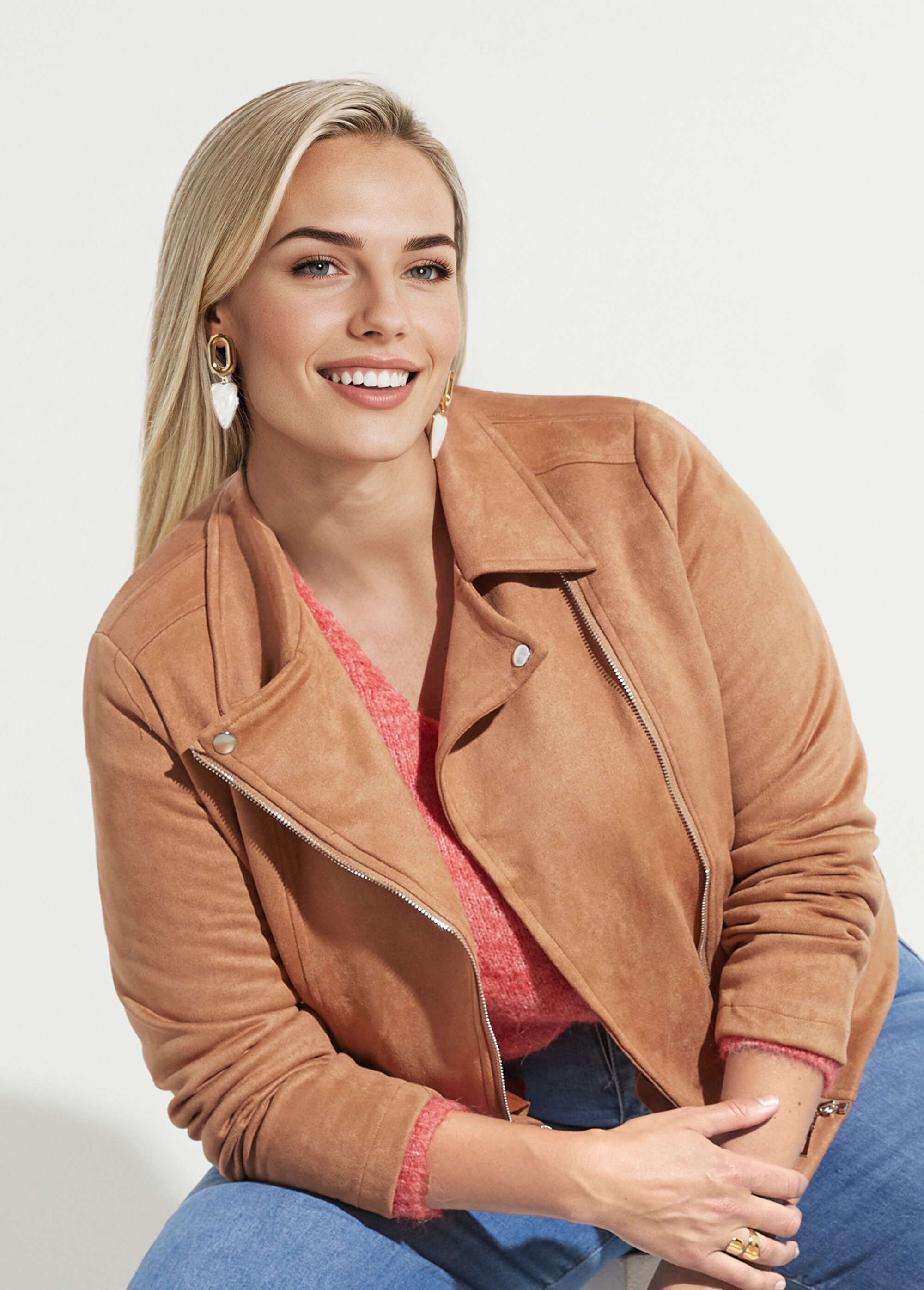Veste de motard zippée en suédine Femme Grande Taille Beige CHY-H007 MV1