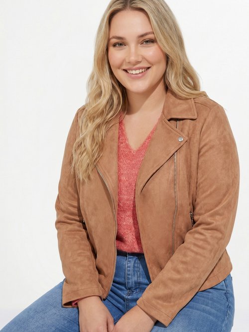 Veste de motard zippée en suédine Femme Grande Taille Marron CHY-H007 MV1