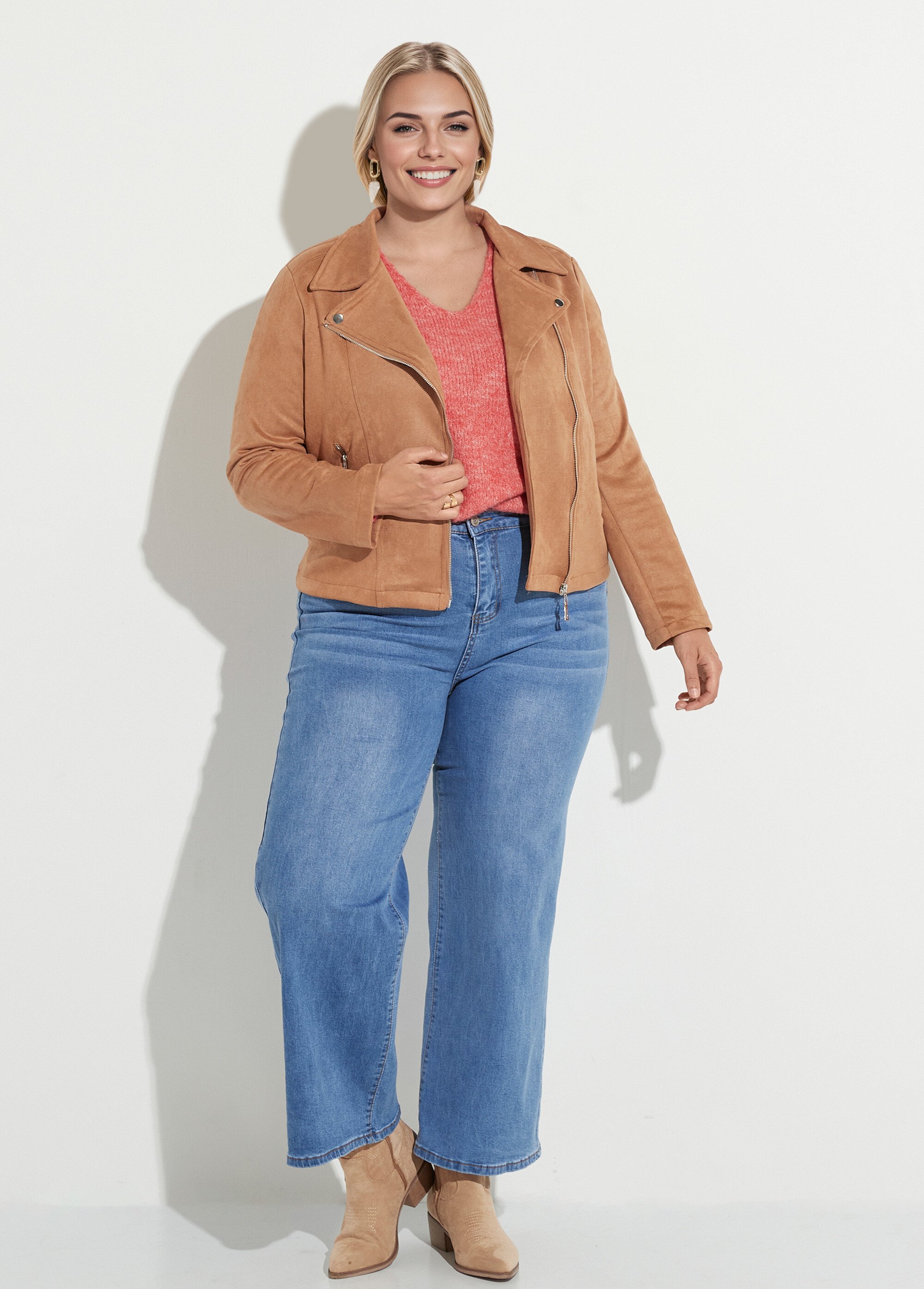 Veste de motard zippée en suédine Femme Grande Taille Beige CHY-H007 SF1