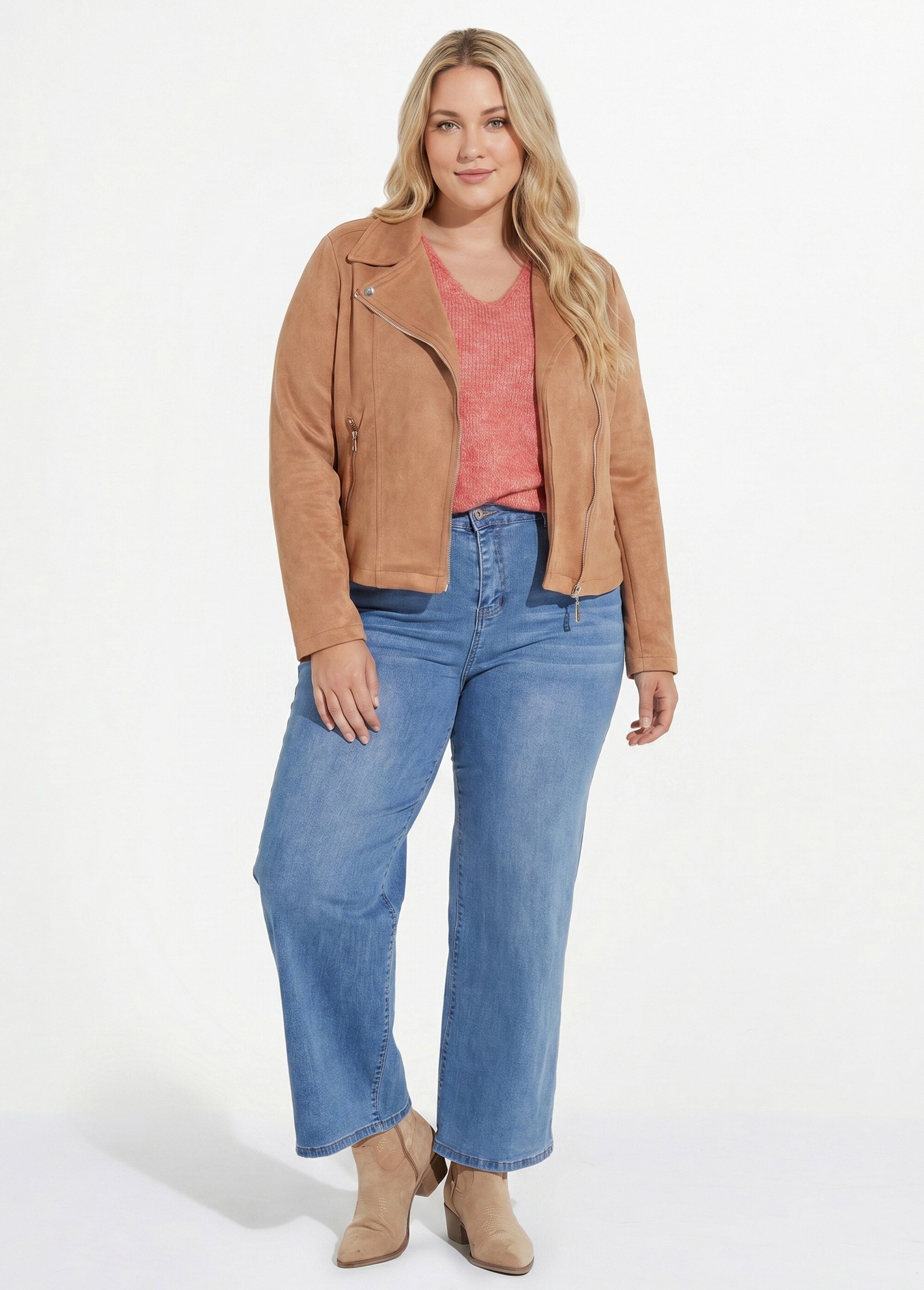 Veste de motard zippée en suédine Femme Grande Taille Marron CHY-H007 SI1