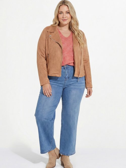 Veste de motard zippée en suédine Femme Grande Taille Marron CHY-H007 SI1