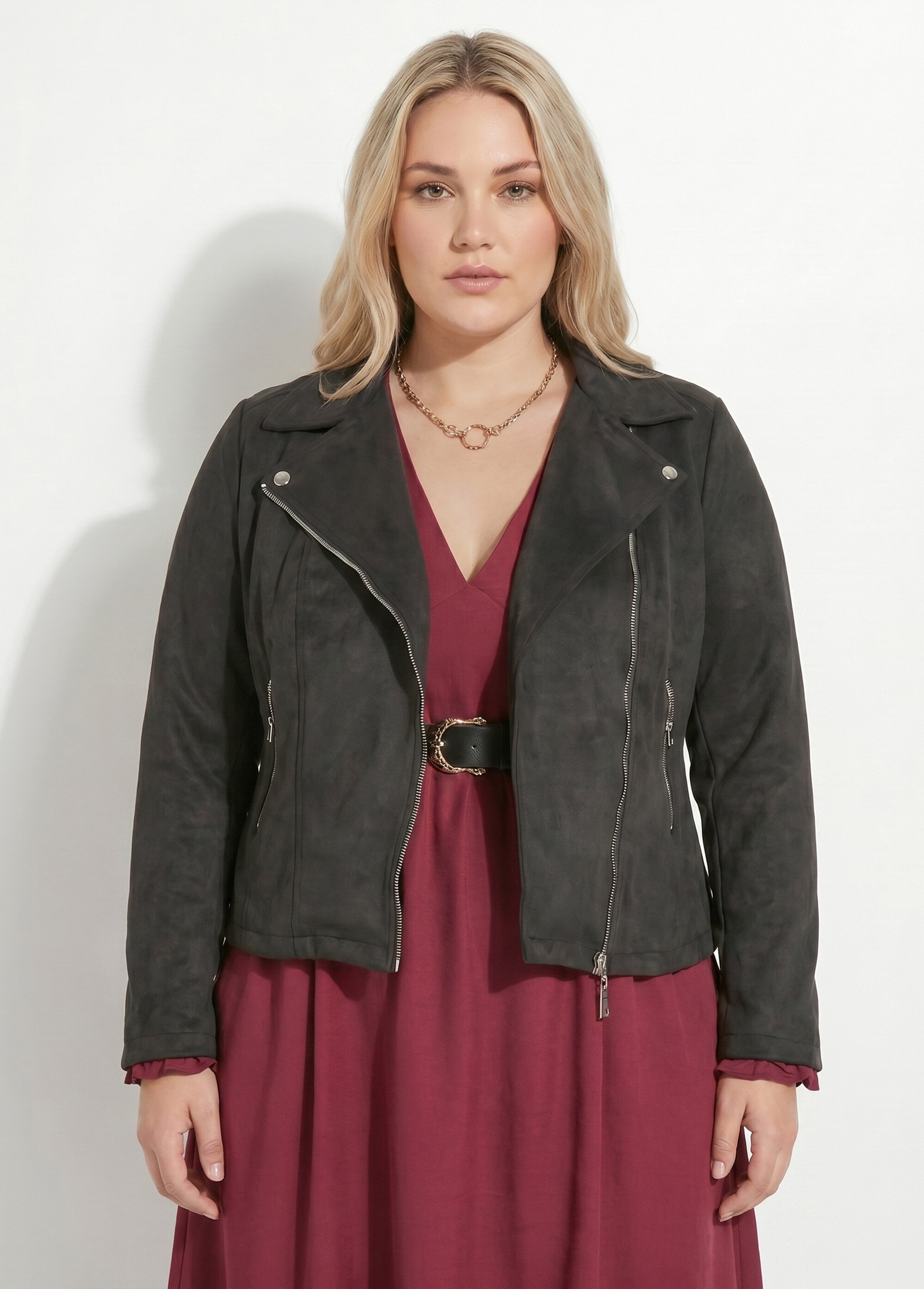 Veste de motard zippée en suédine Femme Grande Taille Noir CHY-H007 FA1