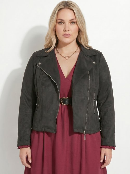 Veste de motard zippée en suédine Femme Grande Taille Noir CHY-H007 FA1