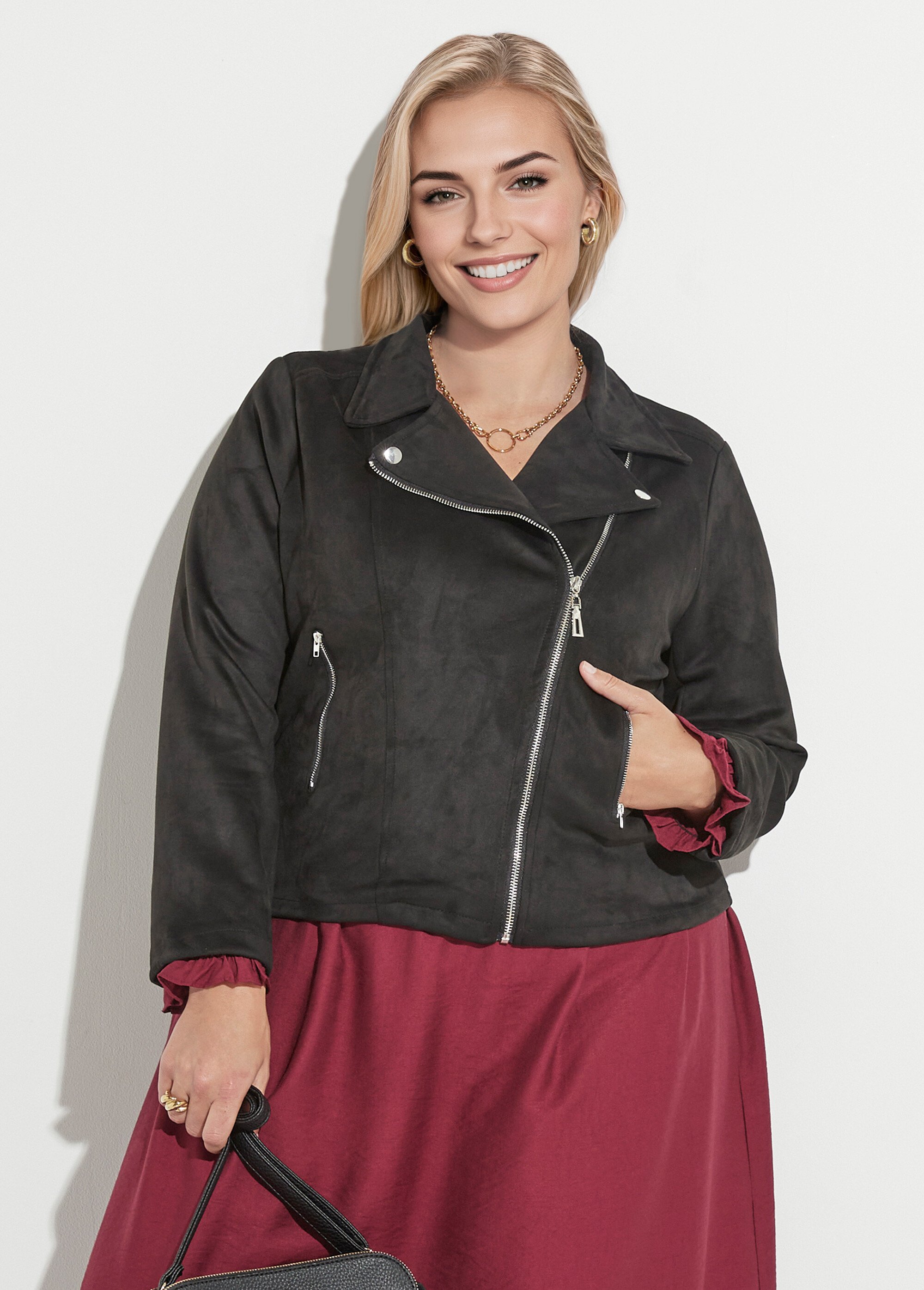 Veste de motard zippée en suédine Femme Grande Taille Noir CHY-H007 MV1