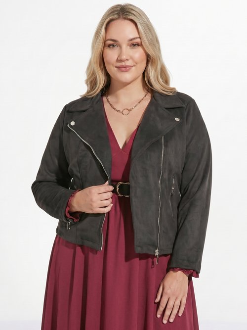 Veste de motard zippée en suédine Femme Grande Taille Noir CHY-H007 MV1