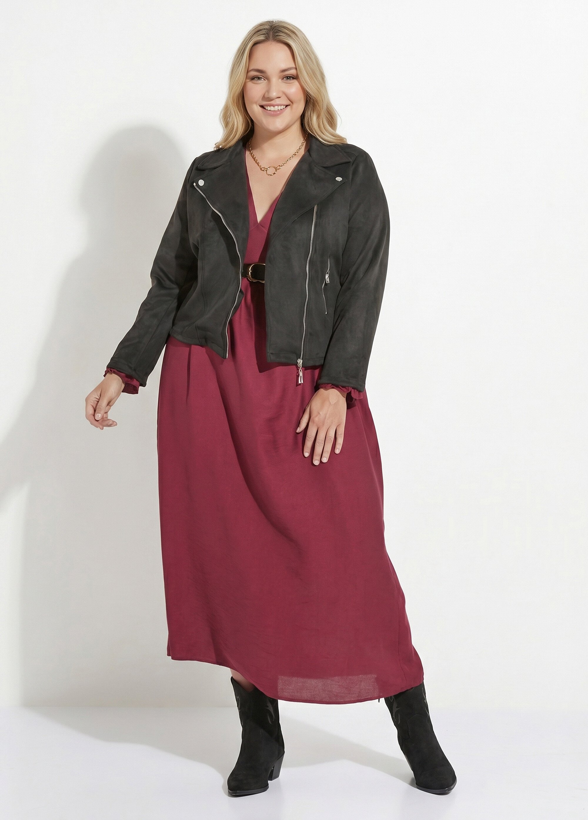 Veste de motard zippée en suédine Femme Grande Taille Noir CHY-H007 SI1