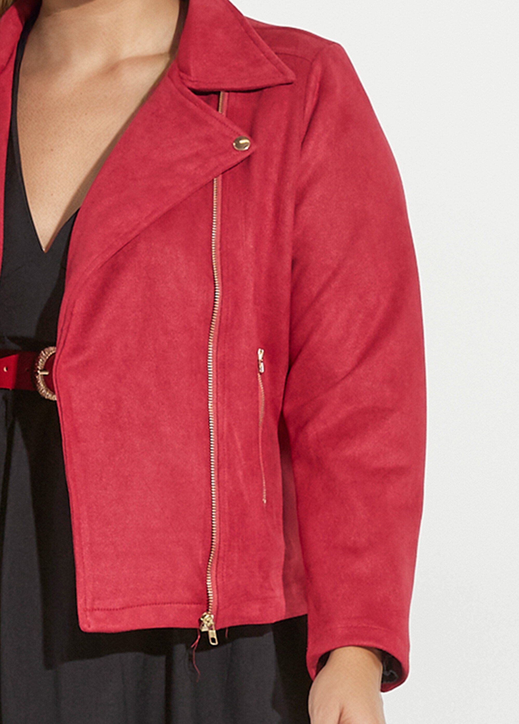 Veste de motard zippée en suédine Femme Grande Taille Rouge CHY-H007 DE1