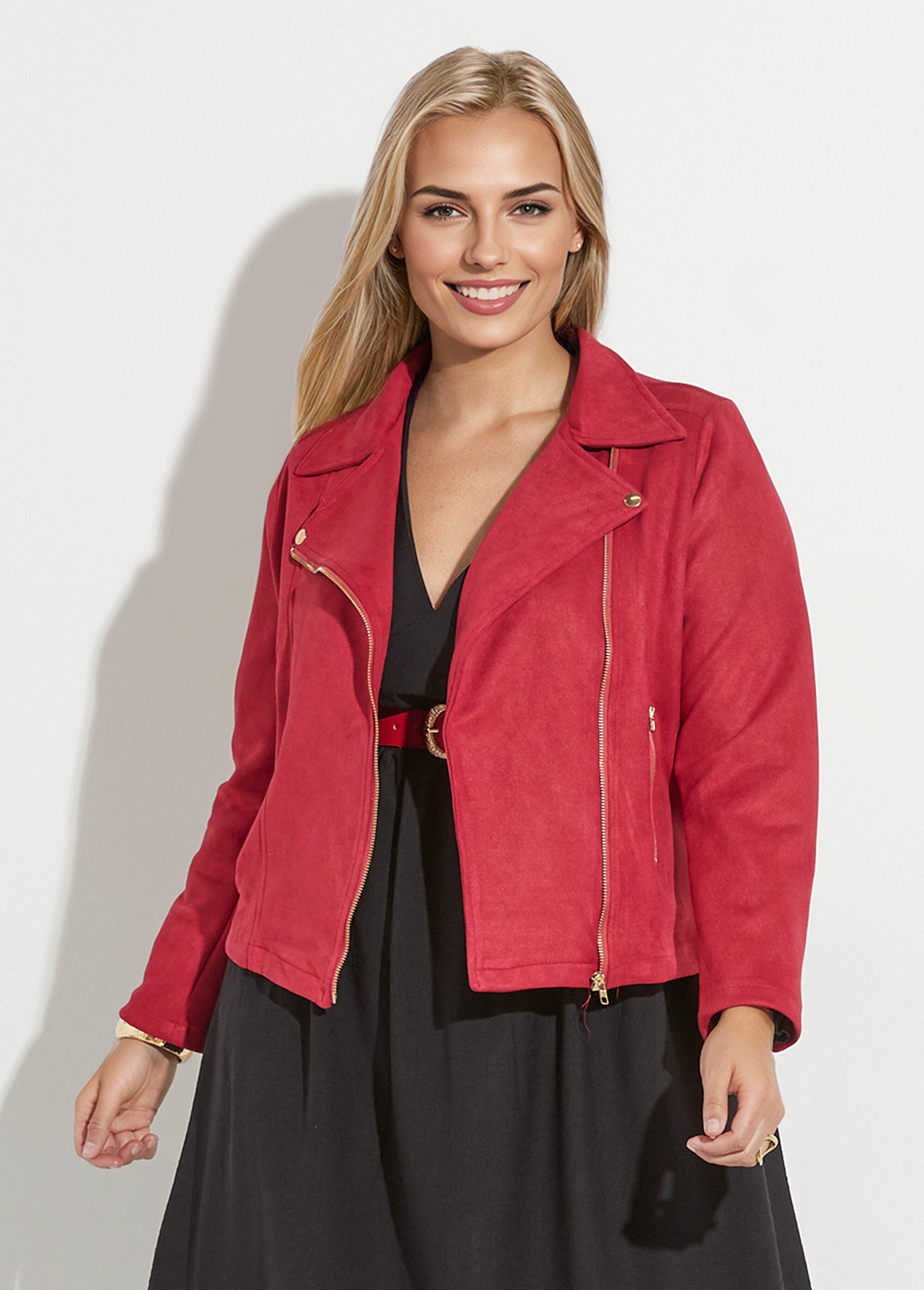 Veste de motard zippée en suédine Femme Grande Taille Rouge CHY-H007 FA1