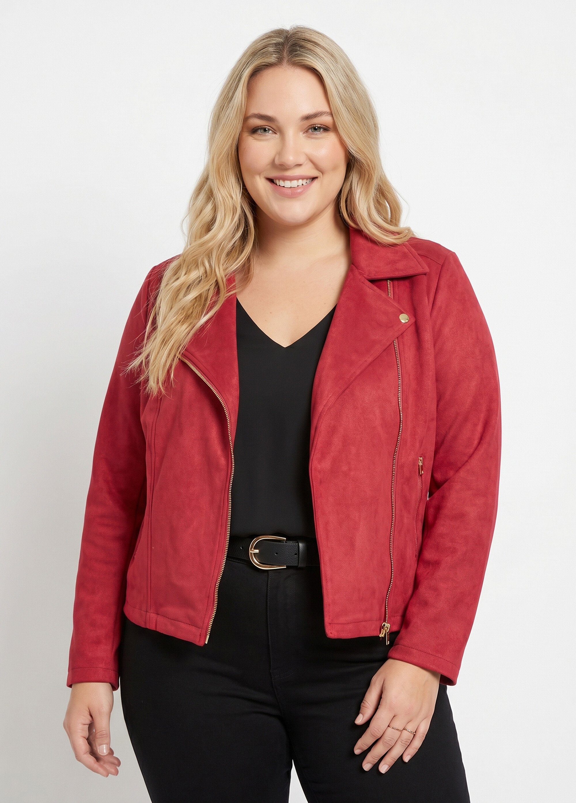 Veste de motard zippée en suédine Femme Grande Taille Rouge CHY-H007 FA1