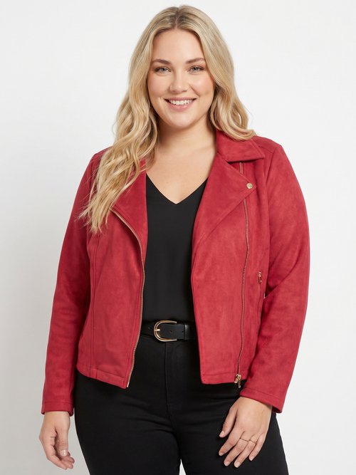Veste de motard zippée en suédine Femme Grande Taille Rouge CHY-H007 FA1