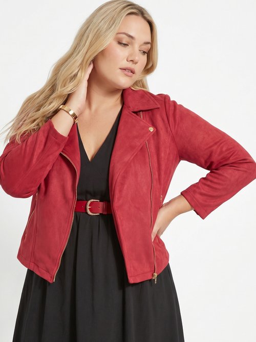 Veste de motard zippée en suédine Femme Grande Taille Rouge CHY-H007 MV1