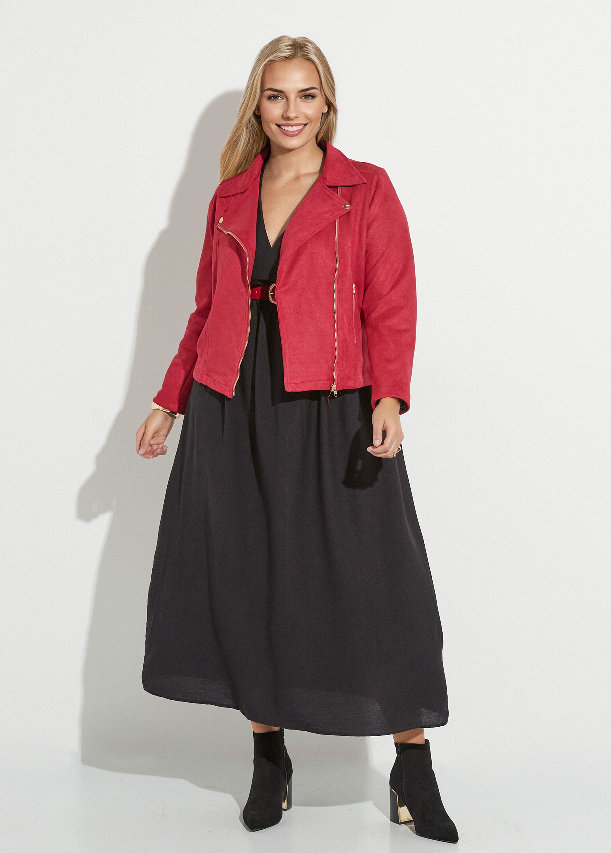 Veste de motard zippée en suédine Femme Grande Taille Rouge CHY-H007 SF1