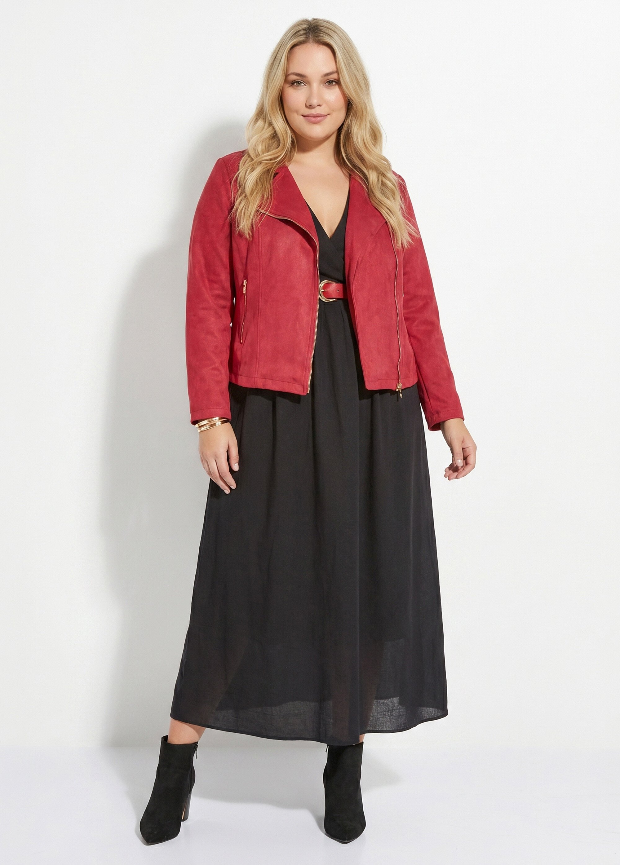Veste de motard zippée en suédine Femme Grande Taille Rouge CHY-H007 SI1