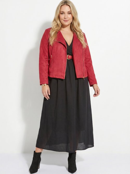 Veste de motard zippée en suédine Femme Grande Taille Rouge CHY-H007 SI1