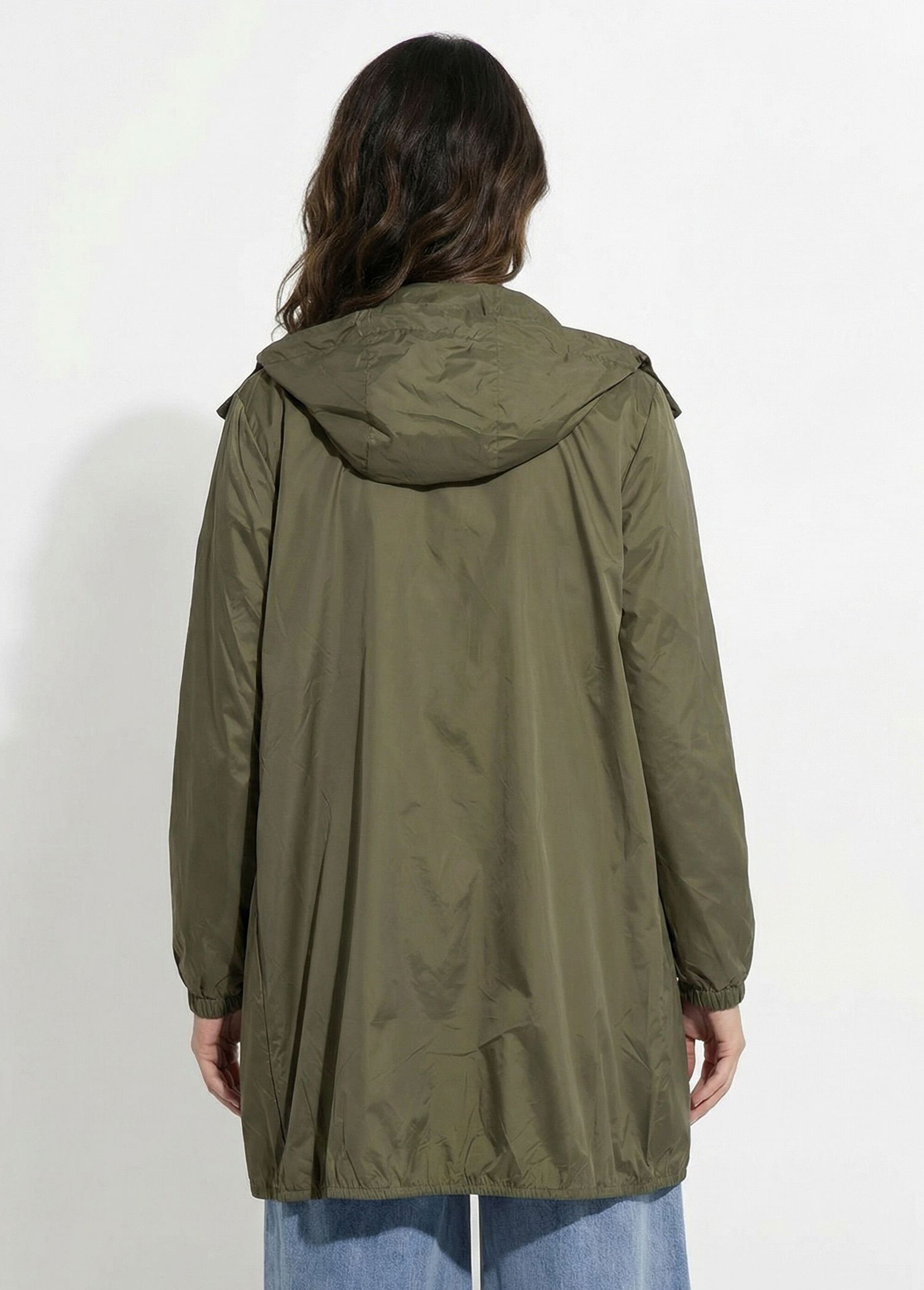 Coupe vent déperlant long à capuche Femme Vert LJ-23078 DO1