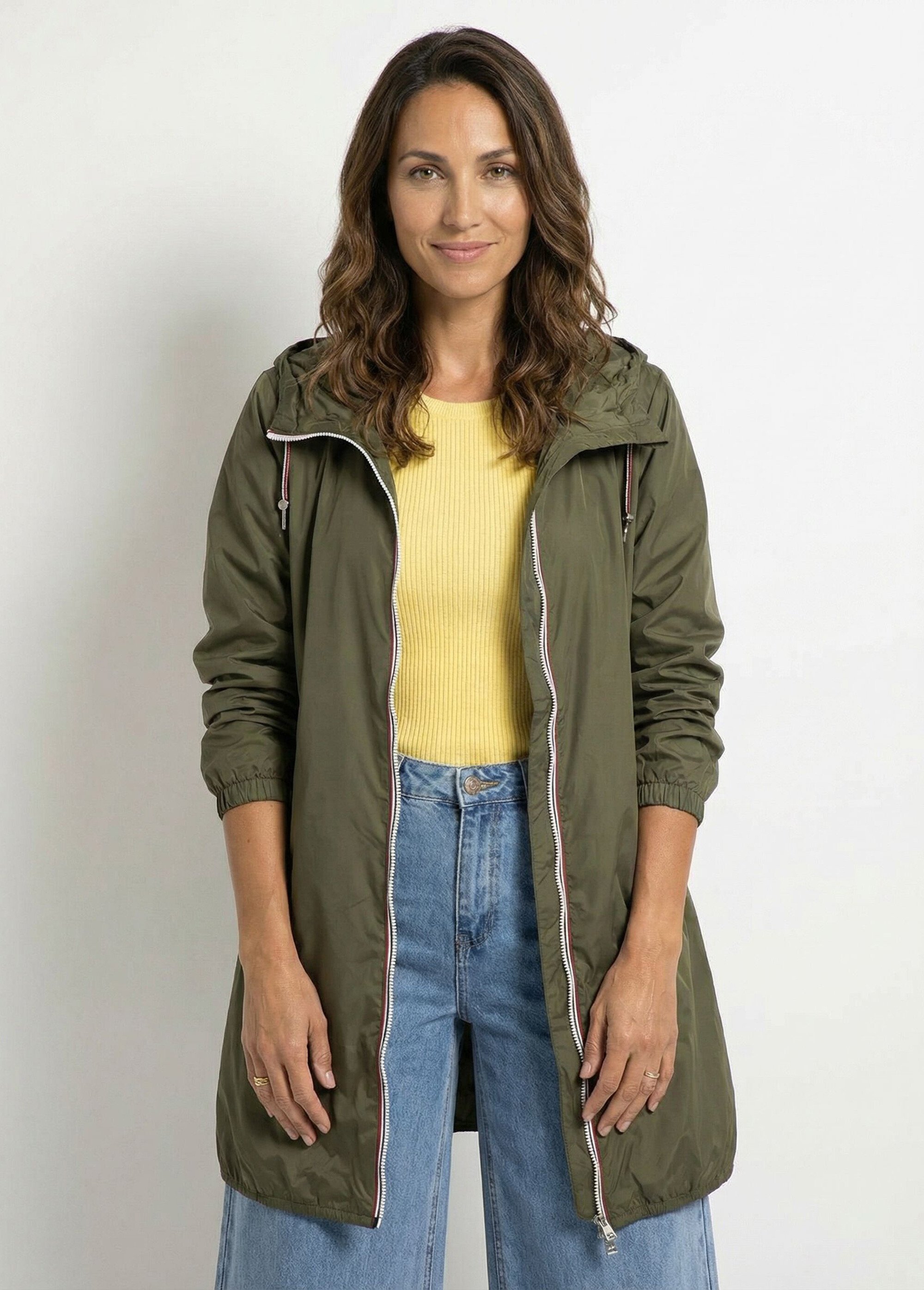 Coupe vent déperlant long à capuche Femme Vert LJ-23078 FA1