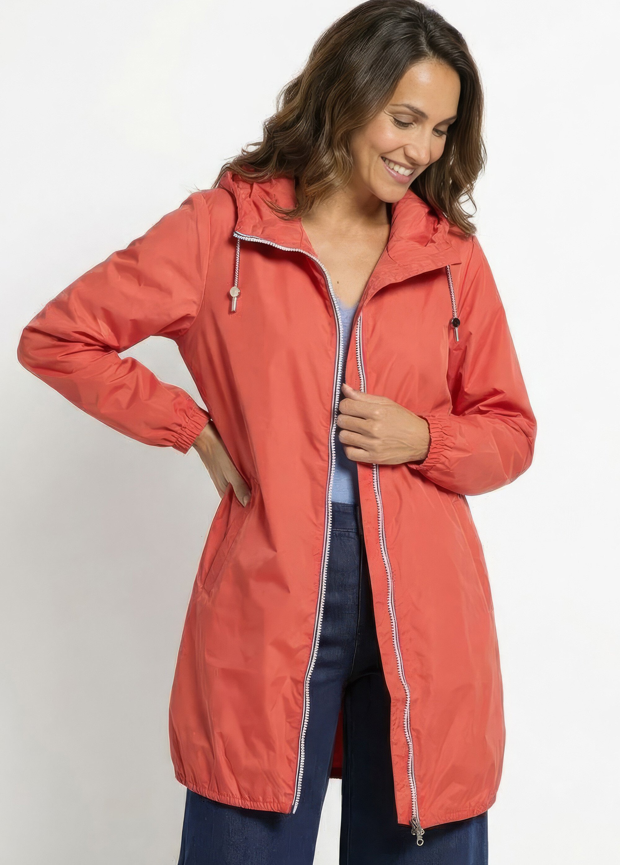 Coupe vent déperlant long à capuche Femme Rose LJ-23078 MV1