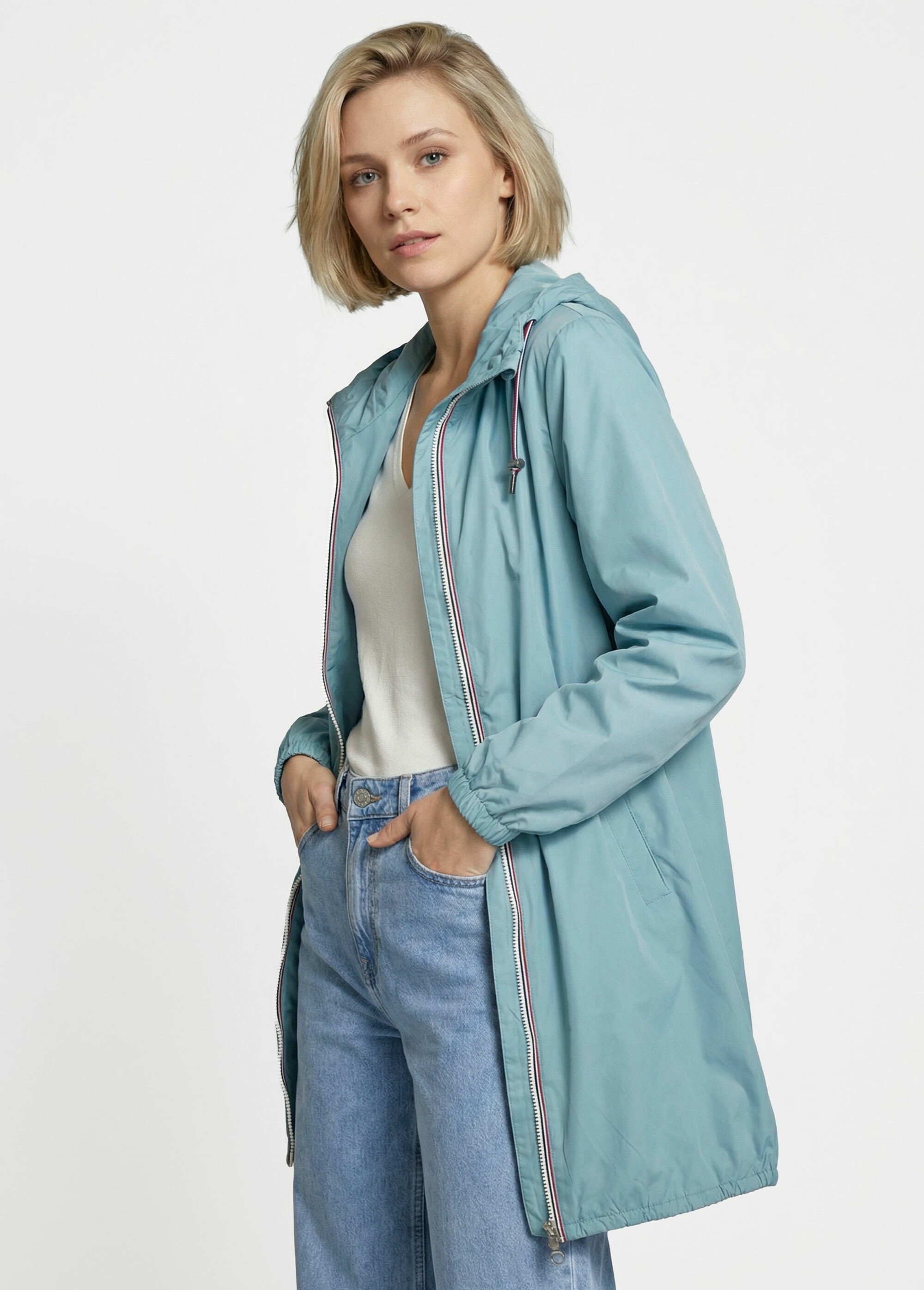 Coupe vent déperlant long à capuche Femme Bleu LJ-23078 MV1