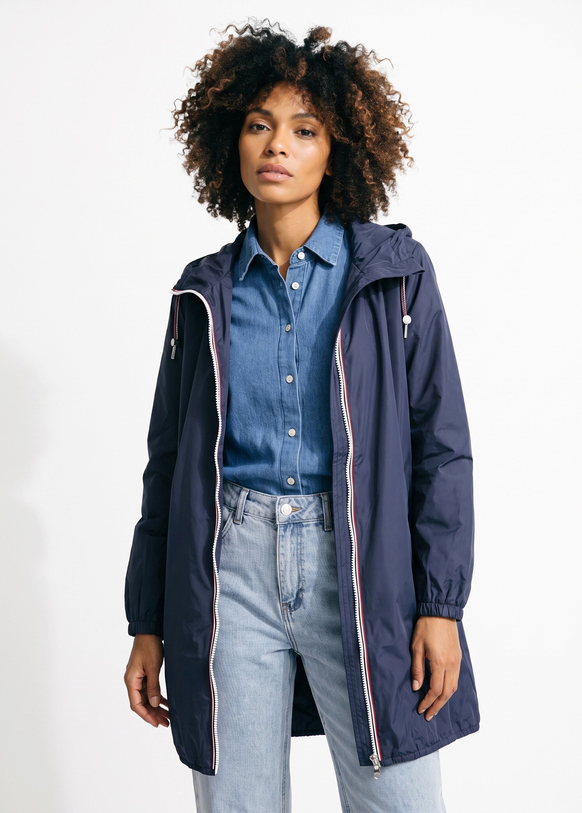 Coupe vent déperlant long à capuche Femme Bleu LJ-23078 FA1
