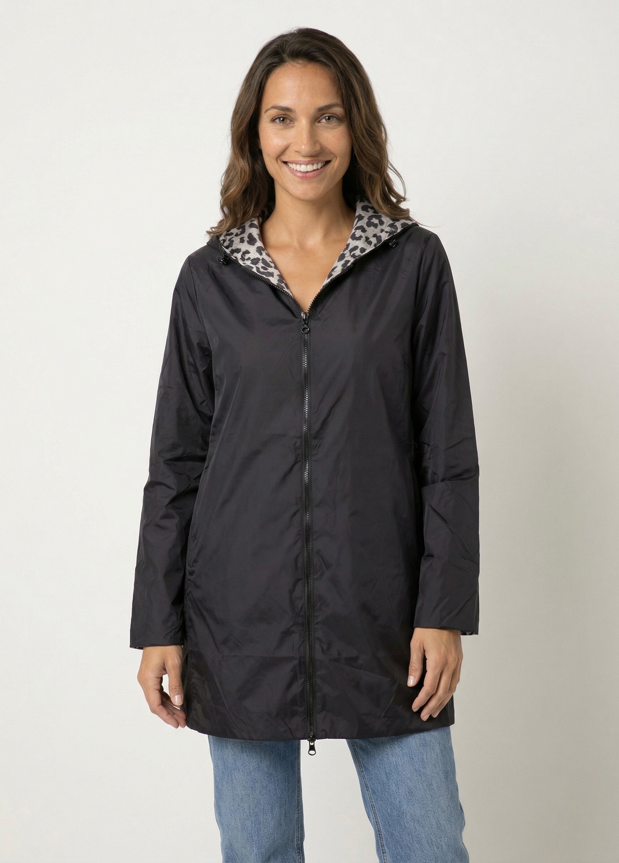 Coupe vent déperlant long motif léopard Femme NOIR ET LEOPARD LJ-5012LEO FA1