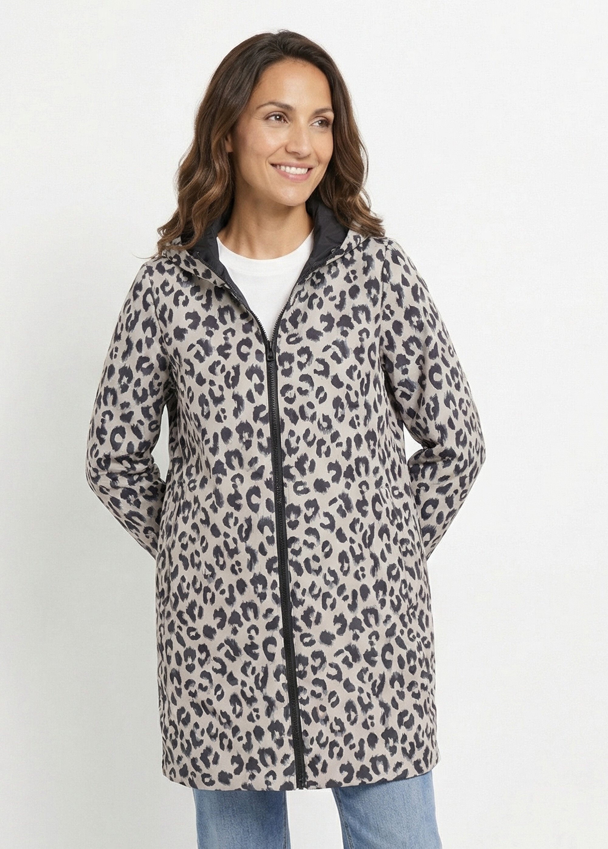 Coupe vent déperlant long motif léopard Femme NOIR ET LEOPARD LJ-5012LEO FA2