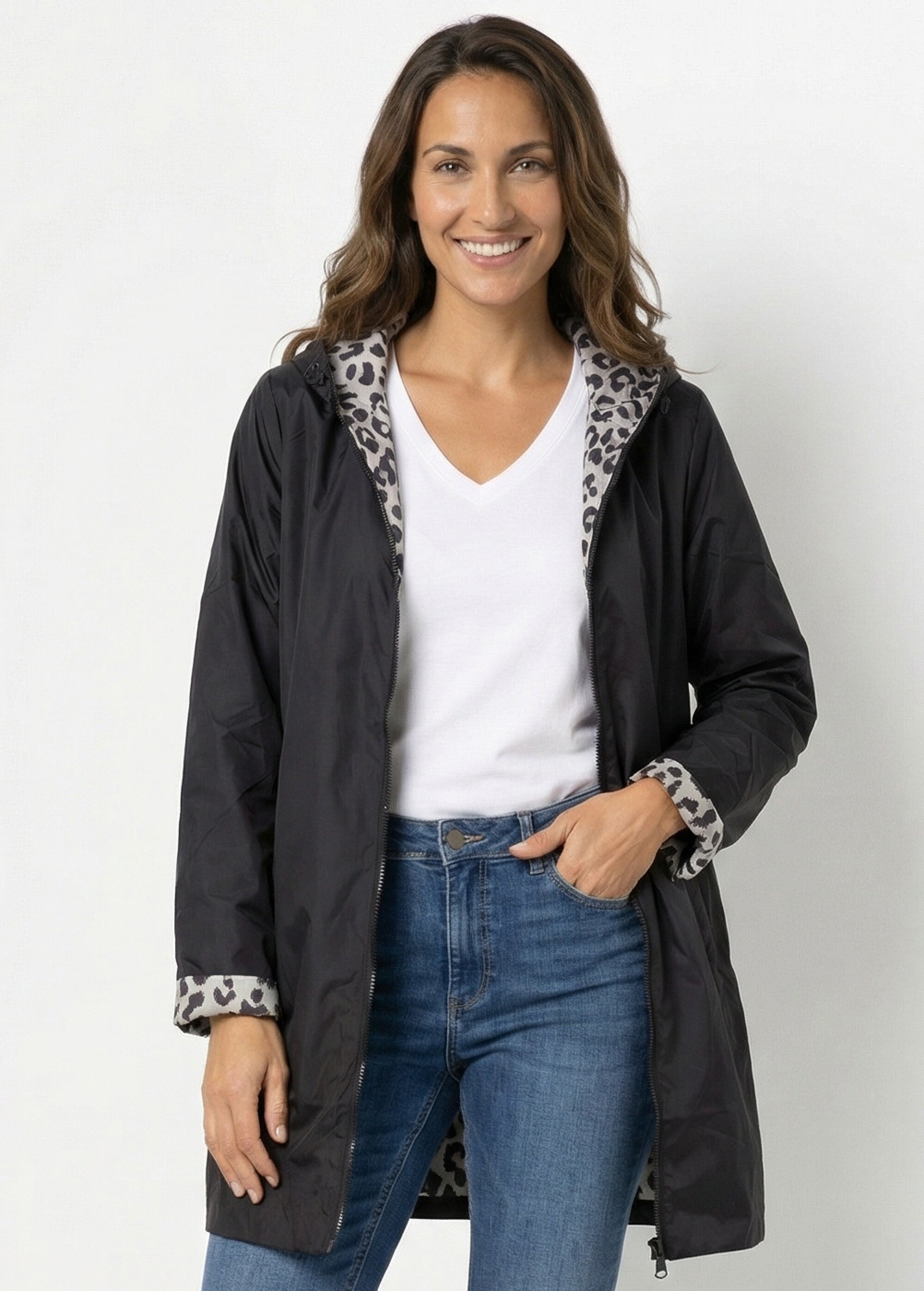 Coupe vent déperlant long motif léopard Femme NOIR ET LEOPARD LJ-5012LEO MV1