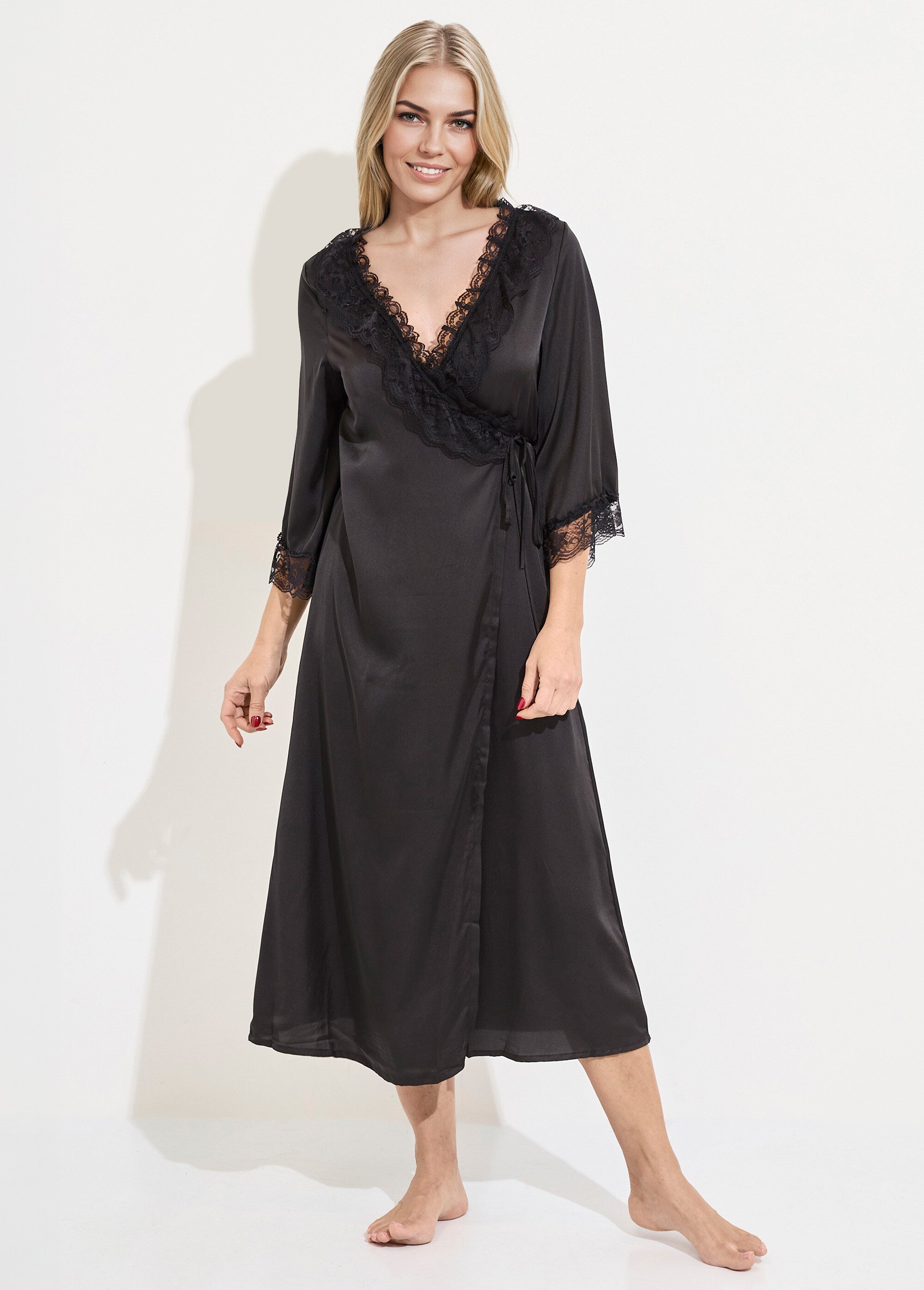Nuisette longue + déshabillé satin dentelle Femme Noir SUNPJ-2339 DE1