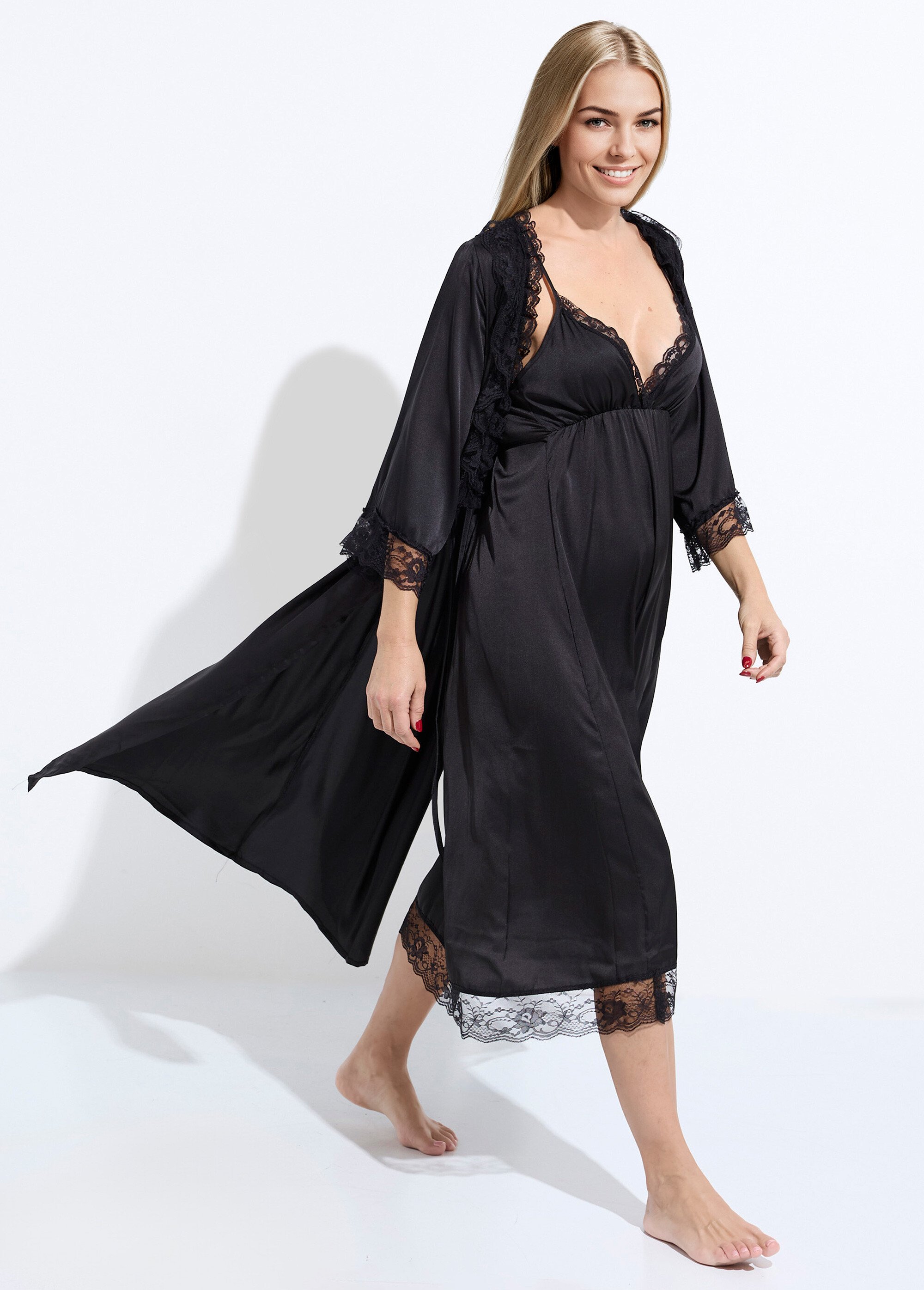 Nuisette longue + déshabillé satin dentelle Femme Noir SUNPJ-2339 MV1
