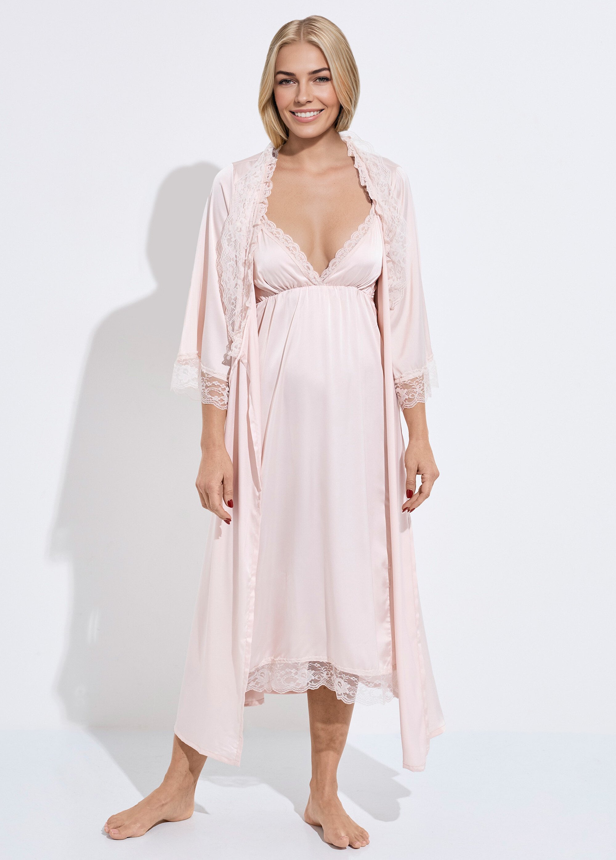Nuisette longue + déshabillé satin dentelle Femme Rose SUNPJ-2339 FA1