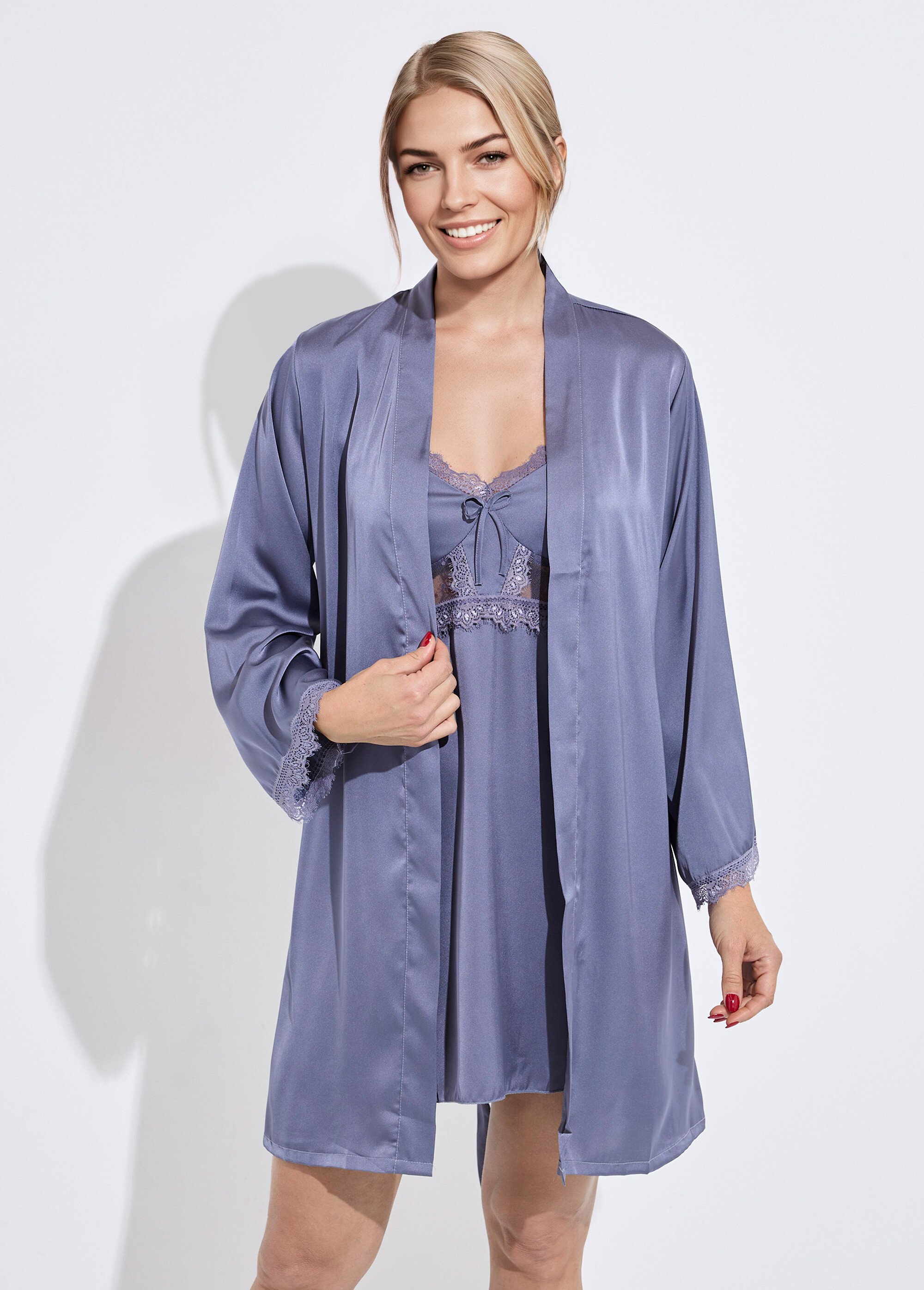Nuisette satin et dentelle + déshabillé Femme Gris SUNPJ-330 FA1