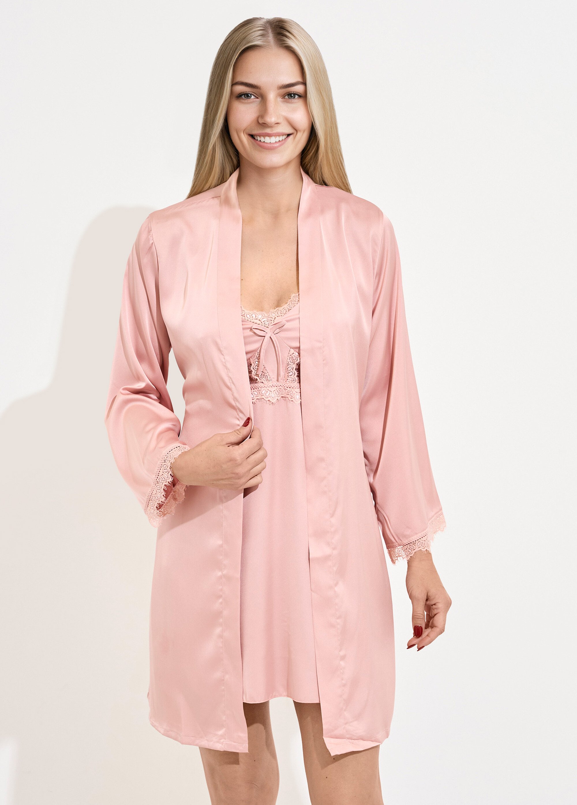 Nuisette satin et dentelle + déshabillé Femme Rose SUNPJ-330 FA1