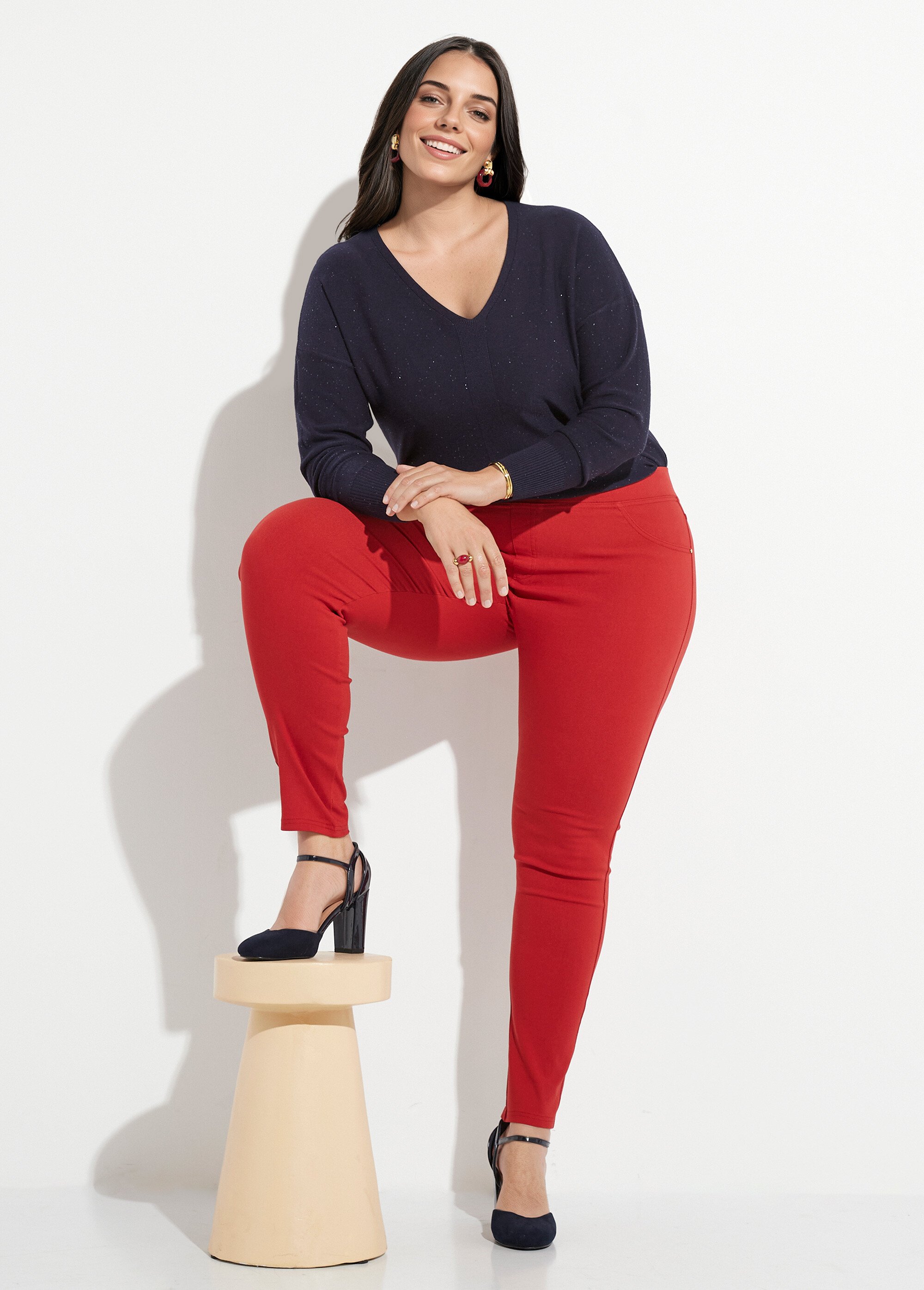 Pantalon extensible taille élastiquée Femme Grande Taille Rouge CHY-6502 MV1