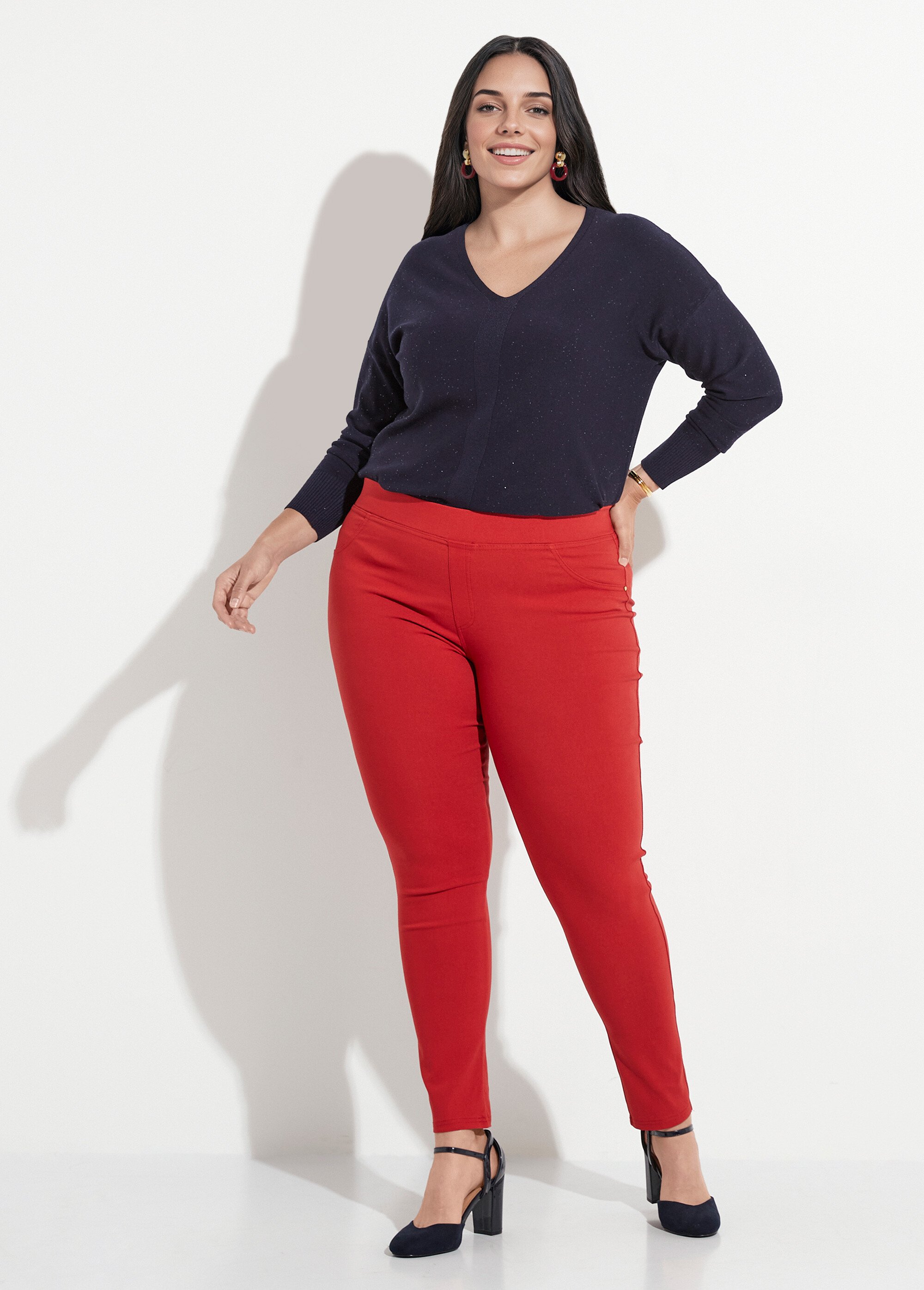 Pantalon extensible taille élastiquée Femme Grande Taille Rouge CHY-6502 SF1