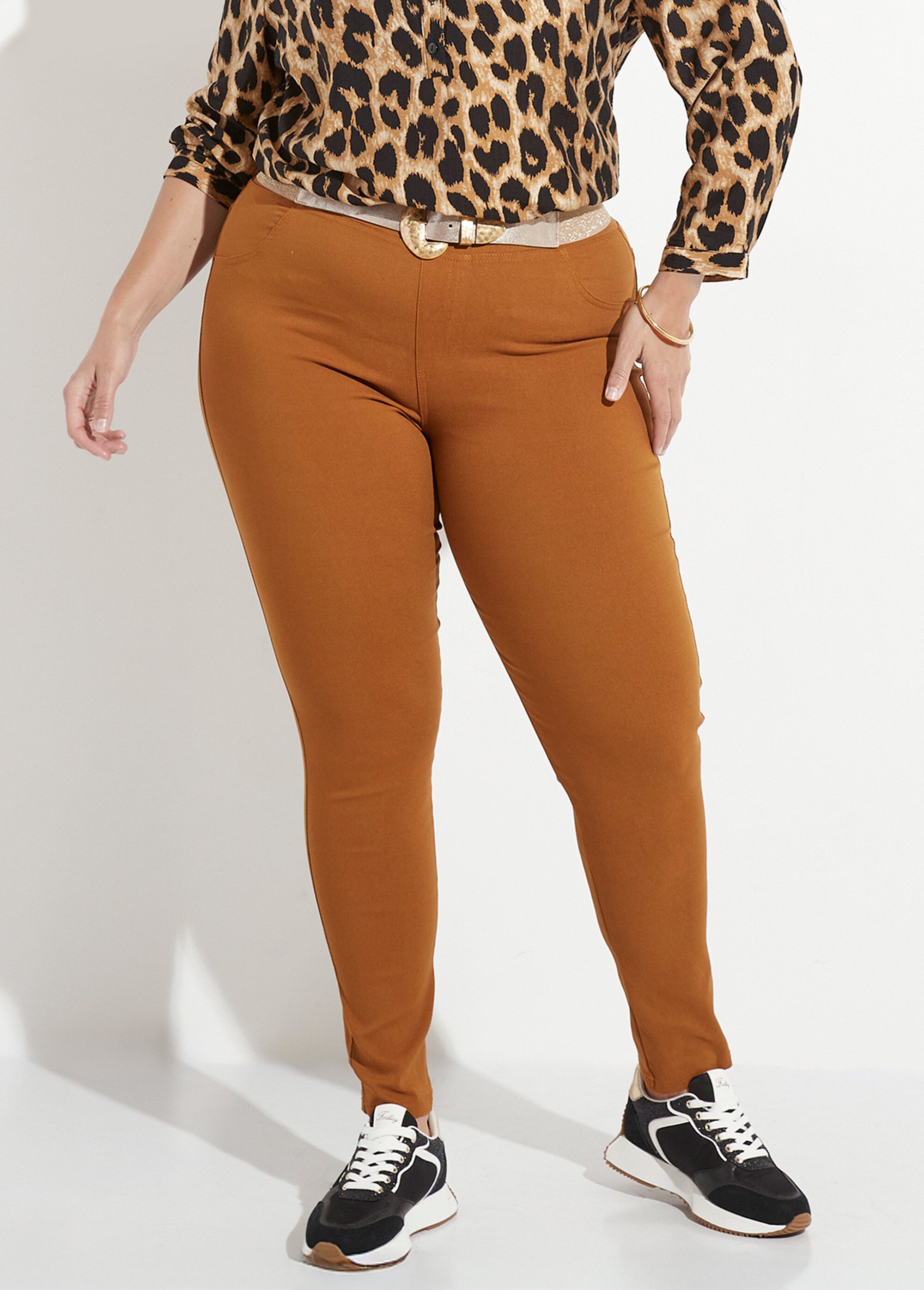 Pantalon extensible taille élastiquée Femme Grande Taille Beige CHY-6502 FA1