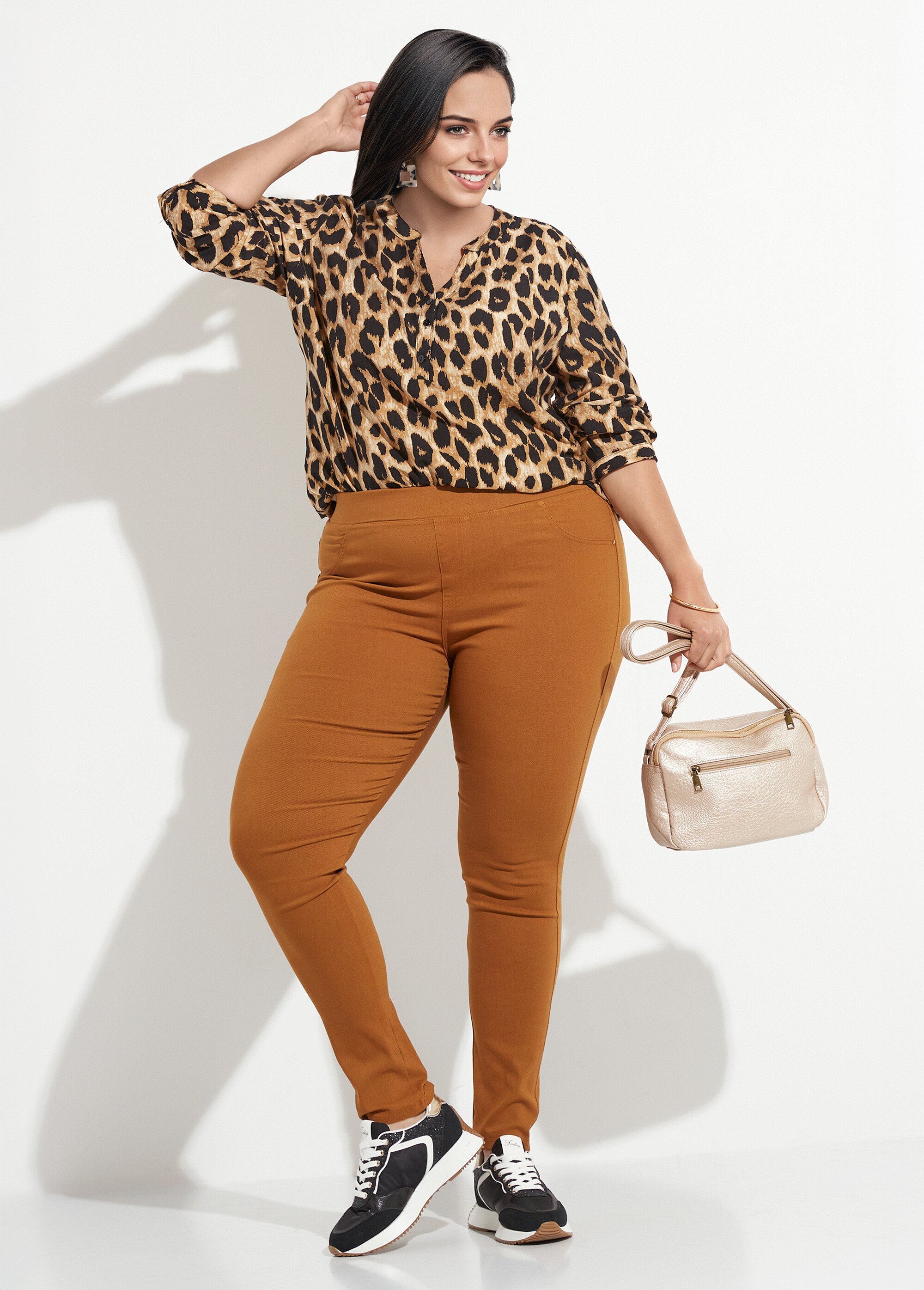 Pantalon extensible taille élastiquée Femme Grande Taille Beige CHY-6502 MV1