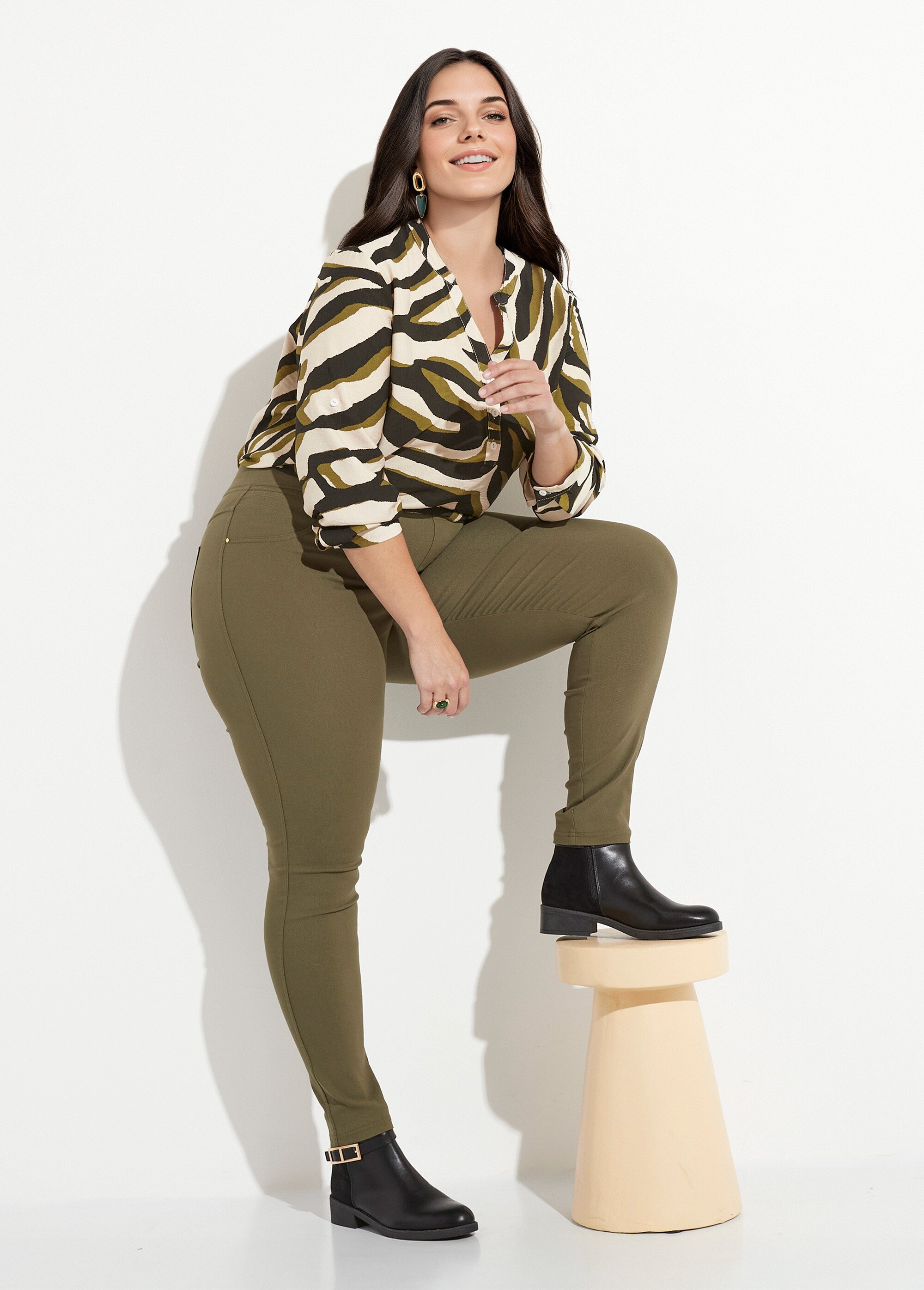 Pantalon extensible taille élastiquée Femme Grande Taille Vert CHY-6502 MV1