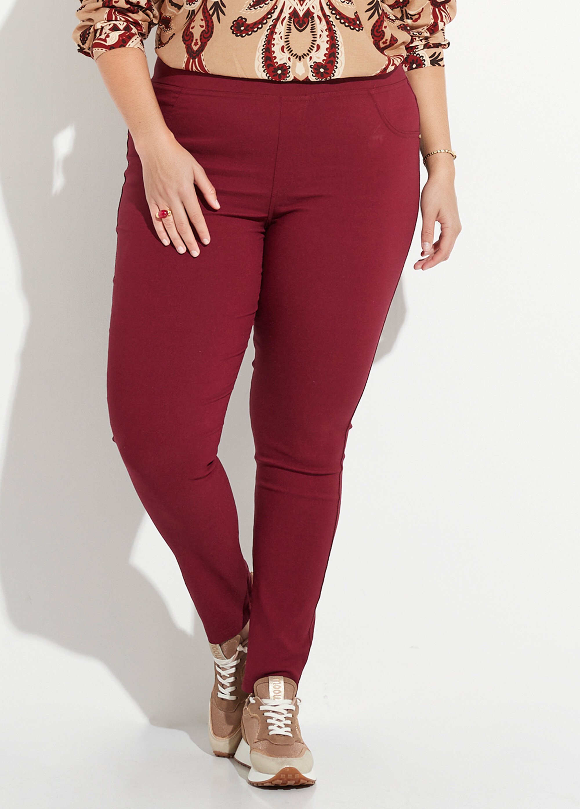 Pantalon extensible taille élastiquée Femme Grande Taille Rouge CHY-6502 FA1