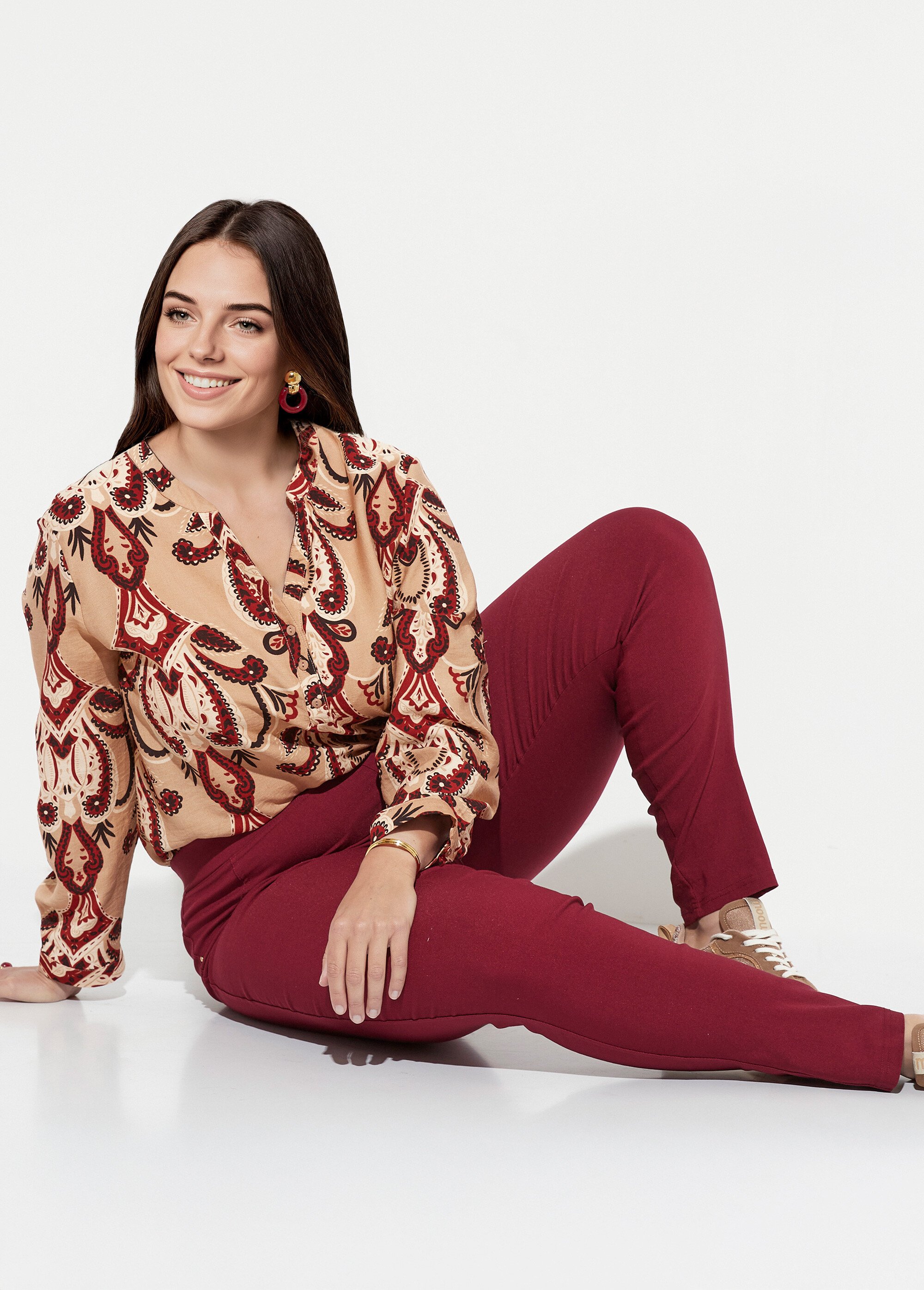 Pantalon extensible taille élastiquée Femme Grande Taille Rouge CHY-6502 MV1