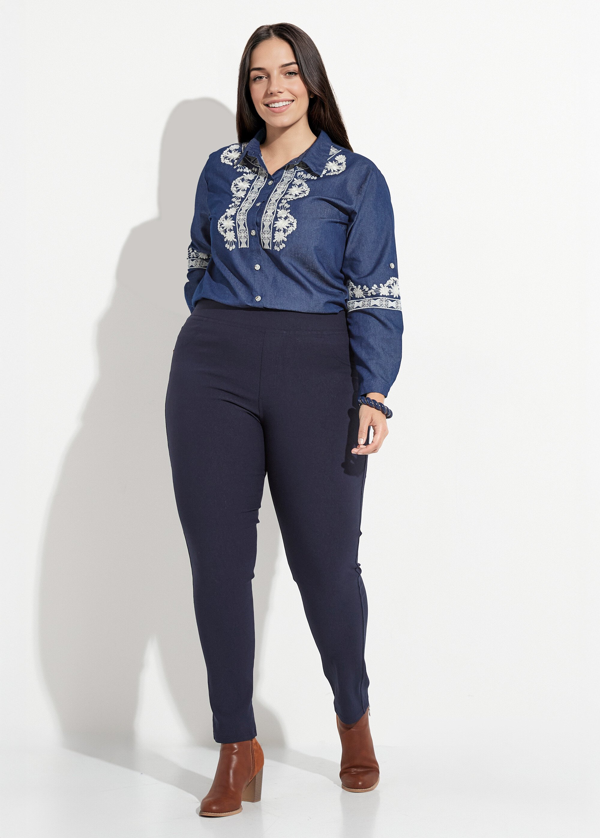 Pantalon extensible taille élastiquée Femme Grande Taille Bleu CHY-6502 SF1