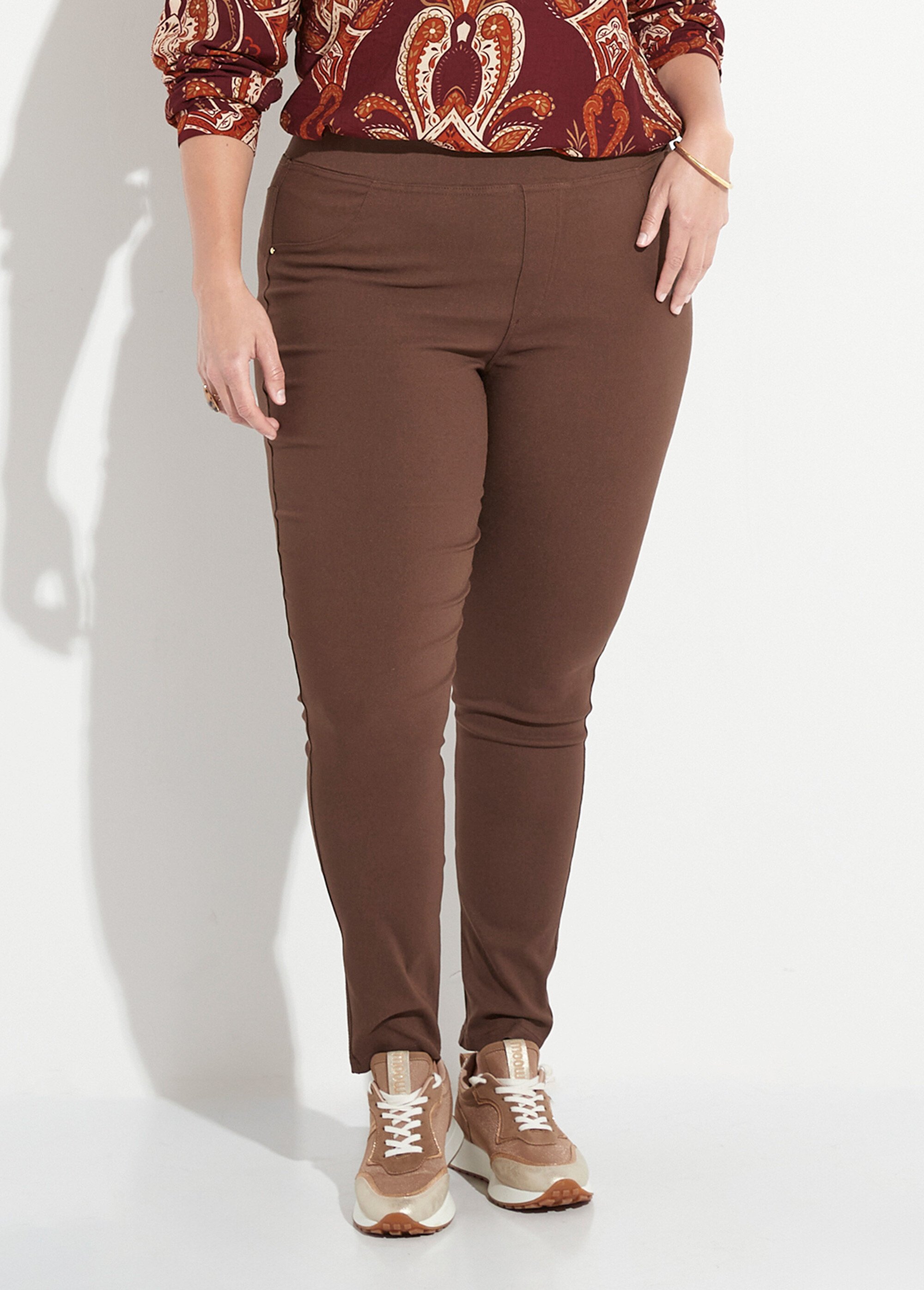 Pantalon extensible taille élastiquée Femme Grande Taille Marron CHY-6502 FA1